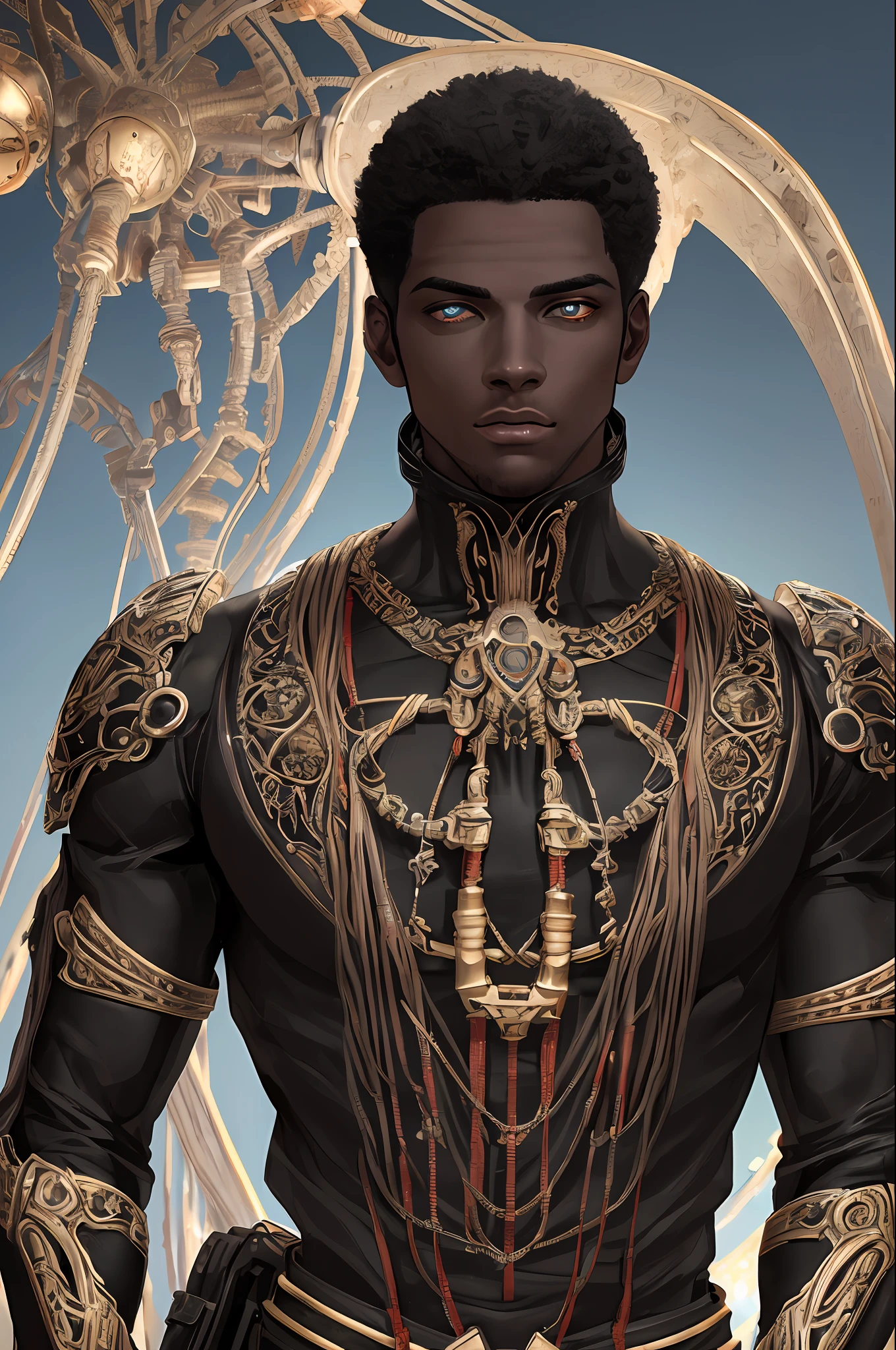 face of a young black man, mechanical body, (((ultra realistic details)), full body portrait, muscular body, global lighting, shadows, octane render, 8k, ultra sharp, metal, intricate, detailed ornaments, cool colors, African detail, highly intricate details, realistic light, trend in cgsociety, bright eyes, front camera, neon details, mechanical limbs, blood vessels connected to tubes, mechanical vertebra attaching to the back, mechanical cervial attaching to neck, sitting, wires and cables connecting to head, Black skin, Super detailed stealth background
