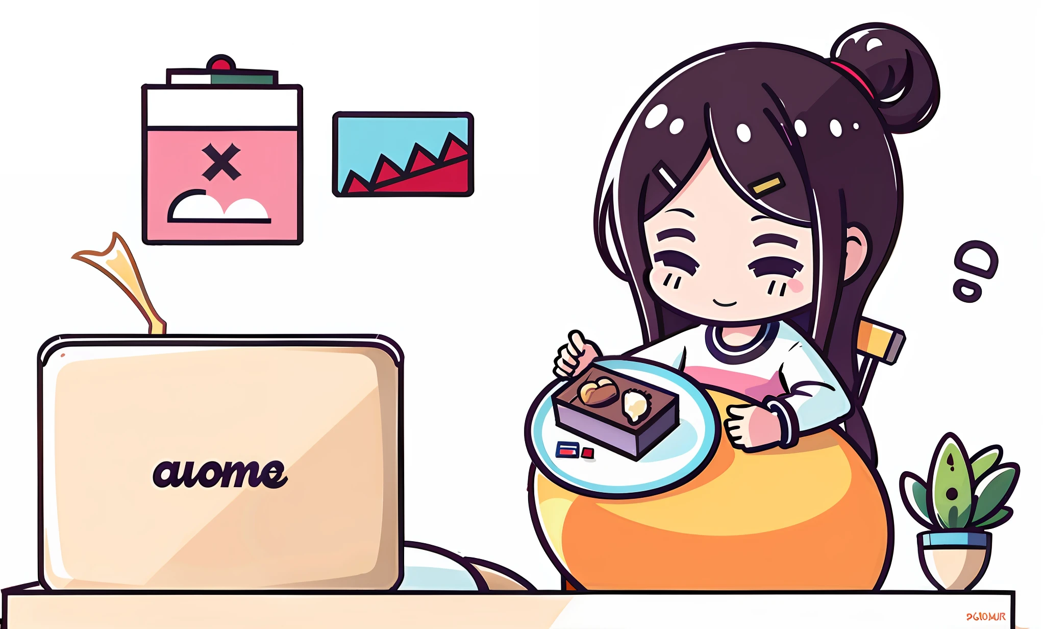 Cartoon, a girl sitting at a desk with a laptop and a plate of cake, everyday life, sitting in front of the computer, in front of the computer, flat illustration, simple illustration, next to a plate of cake, cartoon illustration, computer drawing, studying, sitting at the computer desk, accurate illustration, cake shop