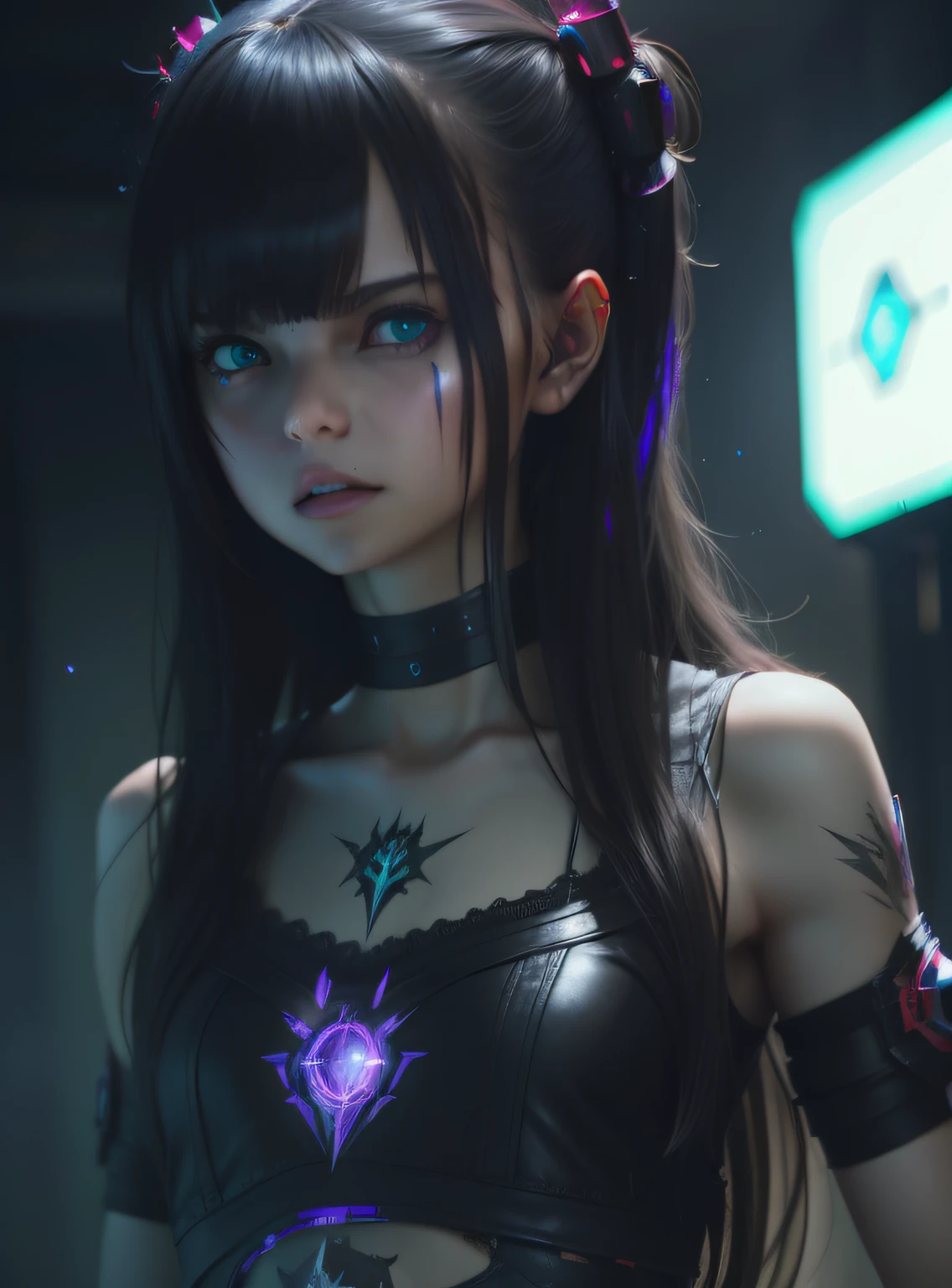 evil retribuition alice, chaotic, Cyber Fairy Grunge, oil painting, 1girl, little girl, flat chest, textured, Motion blur, tiles, black colors, Medicalcore, laser lighting, Ultra-realistic, highly detailed, PBR materials, Unity engine, volumetric lighting, 8k