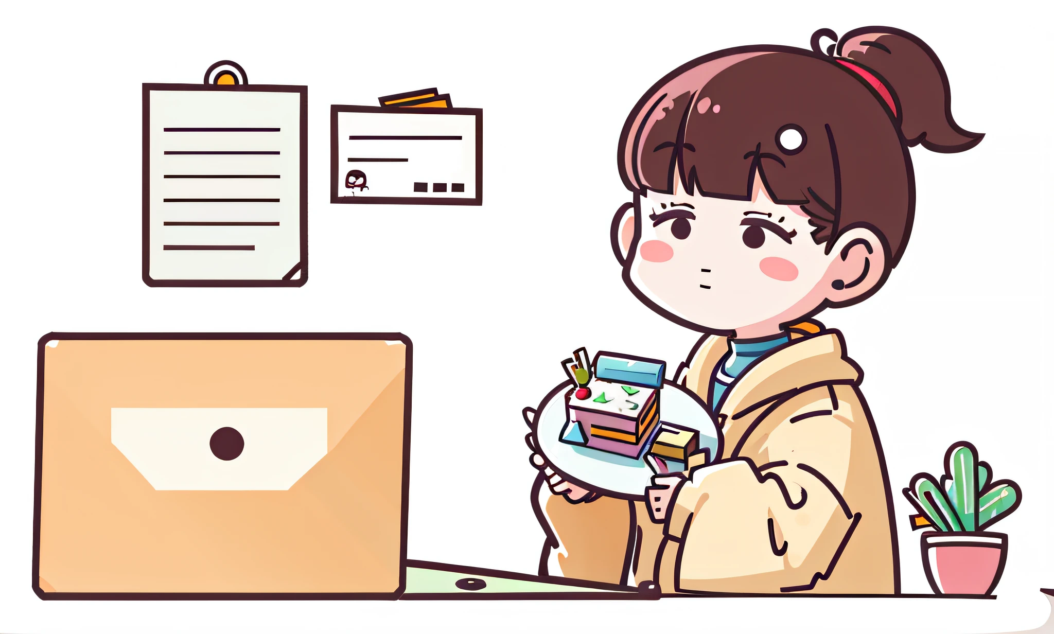Cartoon, a girl sitting at a desk with a laptop and a plate of cake, everyday life, sitting in front of the computer, in front of the computer, flat illustration, simple illustration, next to a plate of cake, cartoon illustration, computer drawing, studying, sitting at the computer desk, accurate illustration, cake shop