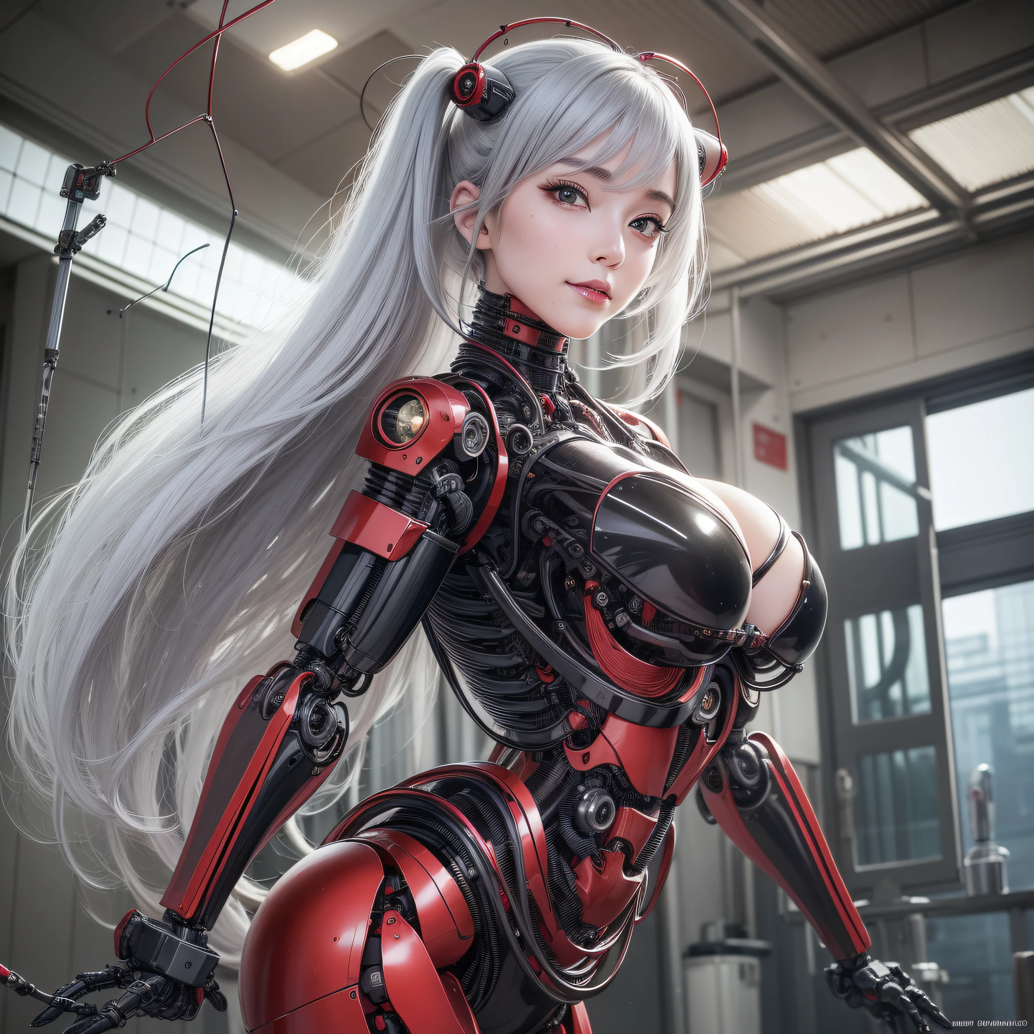 Beautiful Face,face is Japan, 1 Woman, Big, Curvaceous,(8k, RAW photo, top quality, masterpiece: 1.2)(Realistic, Photorealistic: 1.37) (Blood vessel attached to tube)((((Bikini Cyborg robot parts)))), (Light gray hair), Long hair, Wavy hair, Twin tails, Medium shot, ((Seductive smile) ), (Black Eyes), Hime Cut,From Below,(whole body),posing,,Inside the lab,( Blood vessel connected to a tube),((Mechanical vertebrae attached to the back)),((Mechanical neck attached to the neck)),(Wire and cable attached to the head and body),(Character Focus),Science Fiction,