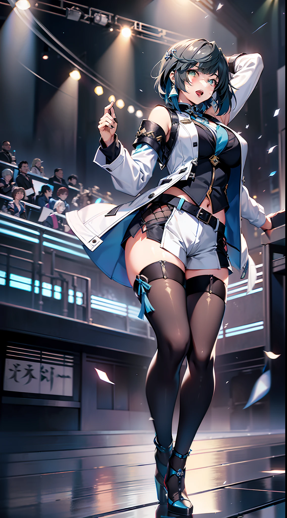 Singing and dancing singer, ((Genshin), (Yelan)), short blue shoulder-length hair, green eyes, confident expression, {clothing description: (white leather jacket), (blue vest), (black shorts), (black stockings), blue high heels}, (solid gray background), ((full-body shot))