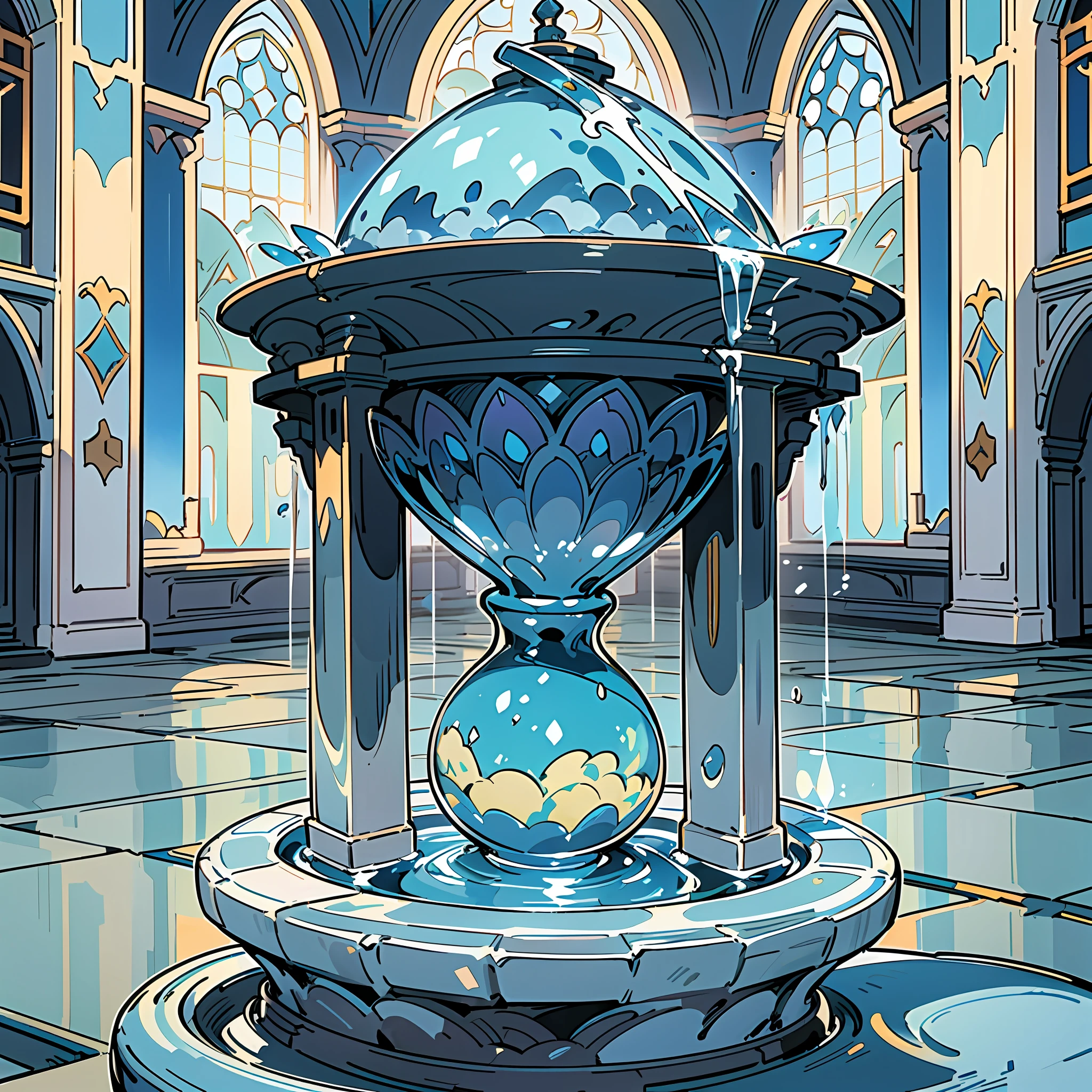 Small scene, floor, three-point perspective, picture limited to hexagonal border, fountain square, small animals playing, blue and white, solid background, medieval style, otherworld, magic elements, floating potion bottle, HD, masterpiece, super detail, (best quality, high resolution), super high pixel, super clear, 32K