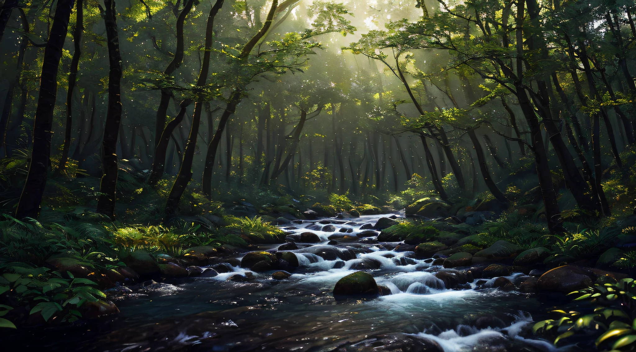 A lovely miniature forest with small trees and a small river, from an isometric point of view, masterpiece, best quality, high quality, very detailed CG uniform 8k wallpaper, oil painting, award winning photography, bokeh, depth of field, HDR, bloom, Chromatic Aberration, photorealistic, extremely detailed, trending on artstation, trending on CGsociety, Intricate, High Detail, dramatic, art by midjourney, volumetric lighting