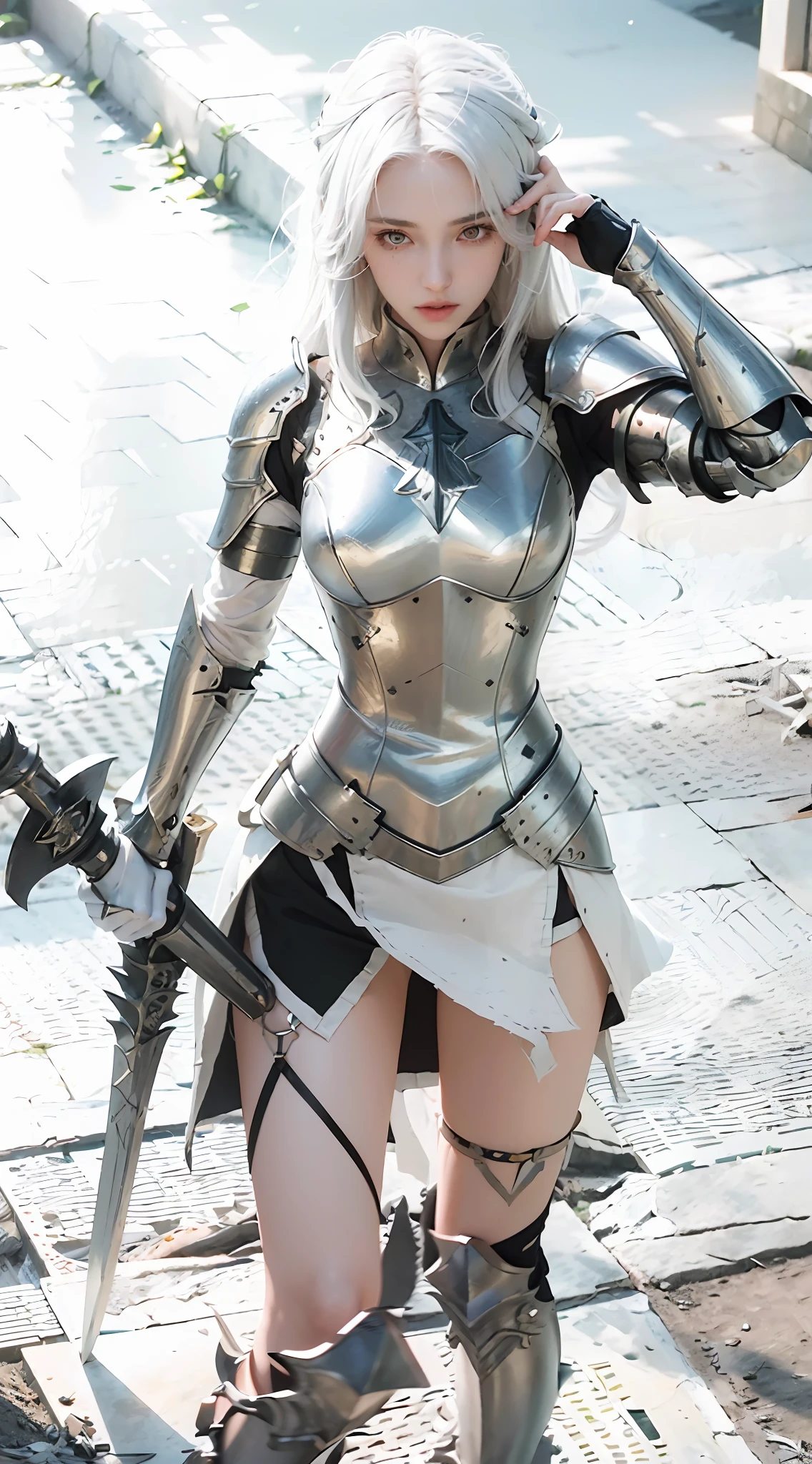 ((Best Quality)), ((Masterpiece)), (Details: 1.4), 3D, A Beautiful Female Knight, (Long White Hair: 1.9), (Red Eyes: 1.7), (Armor: 1.5), Sabre, Temple Background, Gothic Chapel, HDR (High Dynamic Range), Ray Tracing, NVIDIA RTX, Super-Resolution, Unreal 5, Subsurface Scattering, PBR Texture, Post Processing, Anisotropic Filtering, Depth of Field, Maximum sharpness and sharpness, multi-layer textures, albedo and highlight maps, surface shading, accurate simulation of light-material interactions, perfect proportions, Octane Render, two-color light, large aperture, low ISO, white balance, rule of thirds, 8K RAW,