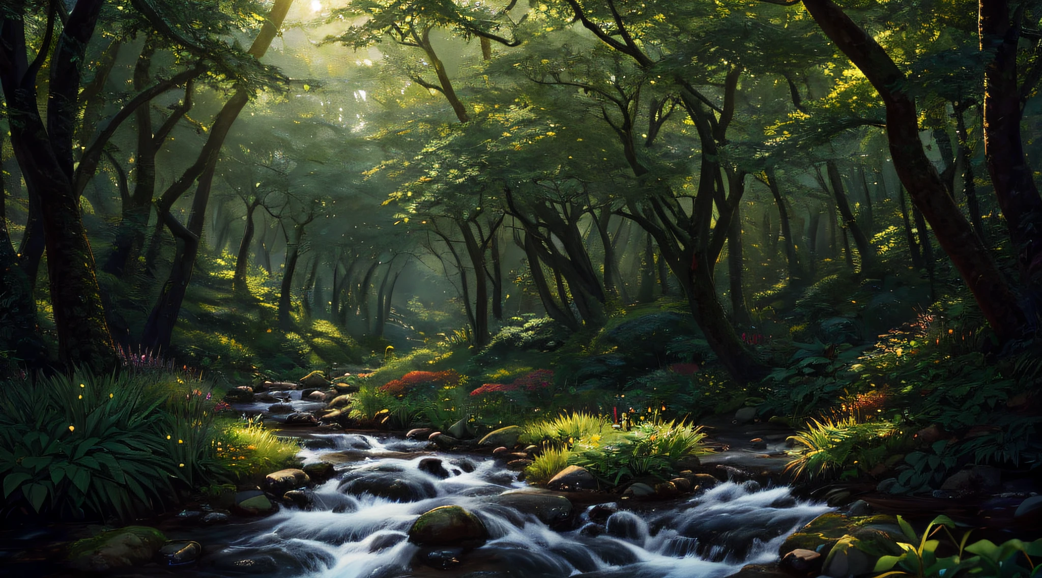 A lovely miniature forest with small trees and a small river, from an isometric point of view, masterpiece, best quality, high quality, very detailed CG uniform 8k wallpaper, oil painting, award winning photography, bokeh, depth of field, HDR, bloom, Chromatic Aberration, photorealistic, extremely detailed, trending on artstation, trending on CGsociety, Intricate, High Detail, dramatic, art by midjourney, volumetric lighting