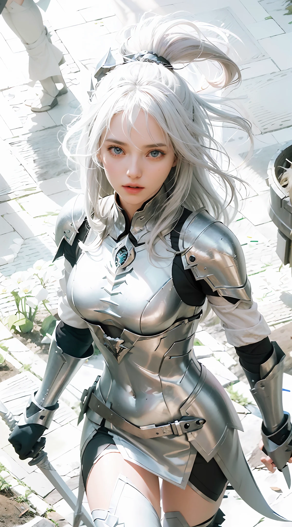 ((Best Quality)), ((Masterpiece)), (Details: 1.4), 3D, A Beautiful Female Knight, (Long White Hair: 1.9), (Red Eyes: 1.7), (Armor: 1.5), Sabre, Temple Background, Gothic Chapel, HDR (High Dynamic Range), Ray Tracing, NVIDIA RTX, Super-Resolution, Unreal 5, Subsurface Scattering, PBR Texture, Post Processing, Anisotropic Filtering, Depth of Field, Maximum sharpness and sharpness, multi-layer textures, albedo and highlight maps, surface shading, accurate simulation of light-material interactions, perfect proportions, Octane Render, two-color light, large aperture, low ISO, white balance, rule of thirds, 8K RAW,
