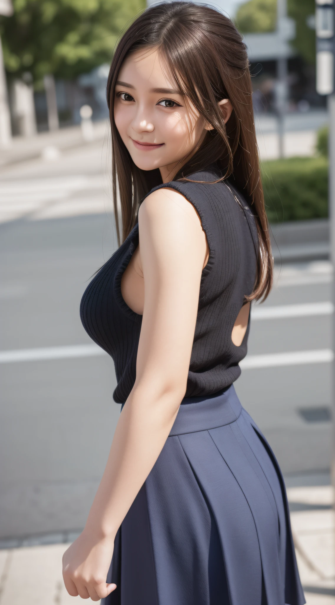 (8k, RAW photo, best quality, masterpiece: 1.2), (realistic, realistic: 1.37), ultra-high resolution, photon mapping, radiosity, physically based rendering, 1 girl, (brunet: 1.3), detailed face, detailed eyes, huge breasts, low cut, shiny skin, buttocks, (pureerosface_v1: 1.0), standing, (school uniform: 1.5), looking at the audience, (laughing cute: 1.2), (happy), healing cute, (Cityscape: 1.2), (Night: 1.2), (Dark Theme: 1.5),