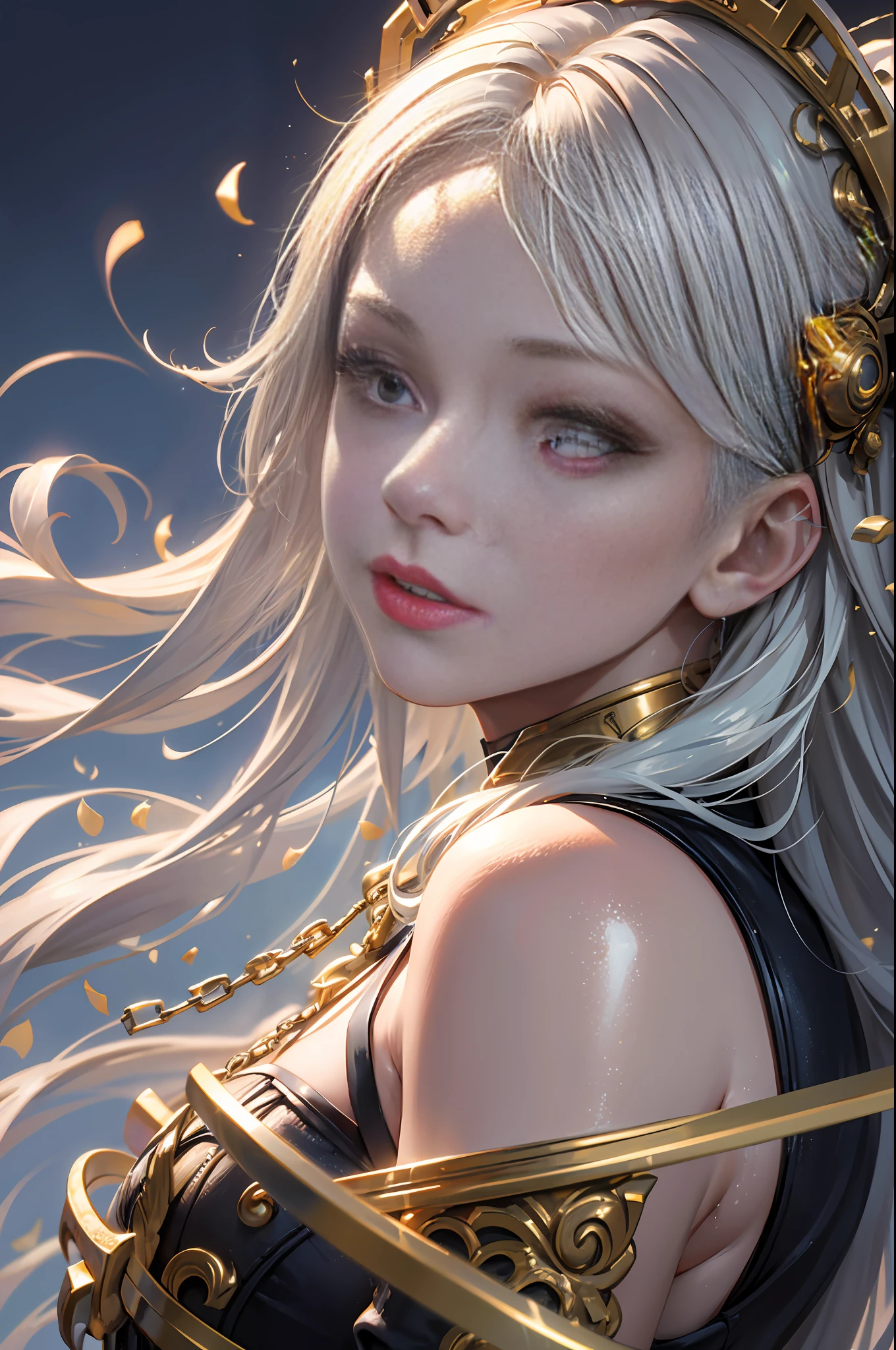 (Masterpiece: 1.2), Best Quality, (Illustration: 1.2), Gorgeous Decoration, (Finely Crafted Glow, Lens Flare), (Ultra Detailed), Ultra Detailed, (Fine Detail), (Intricate Detail), (Cinematic Light, Best Quality Backlight), (Bioluminescent Hair), (Glowing Eyes), (Dynamic: 1.2), ((Makeup)), Absolutely Eye-catching, Prehistoric, (Colored paint splashed on background, Dulux, )), ((Caustic)), Dynamic Angle, (Glamorous), (Intricate Detailed Film: 1.1), Ambient Light Occlusion, Ambient Light, Ray-Traced Reflections, (Best Lighting, Extremely Delicate and Beautiful), ((Cinematic Light)), Colorful, Powerful, (Cinematic Masterpiece), Fantastic Big Eyes, Perfect Proportions, Perfectly Drawn Face, Albedo, White Hair, Chain, Comfortable, Intense, Sky, Golden Sky, Seductive, Illustration, Angels Everywhere, Yellow Eyes, Red Roses, Chain, Splash Color, Smooth and Soft Skin, Golden Hour, Atmosphere, Park , field, bullet, breathtaking ambient light from the sky, soft warm glow from the chain, light of God, halo, beautiful complex colored hair, symmetry, soft lighting, concept art, digital painting, view of the landscape, realistic reflections
