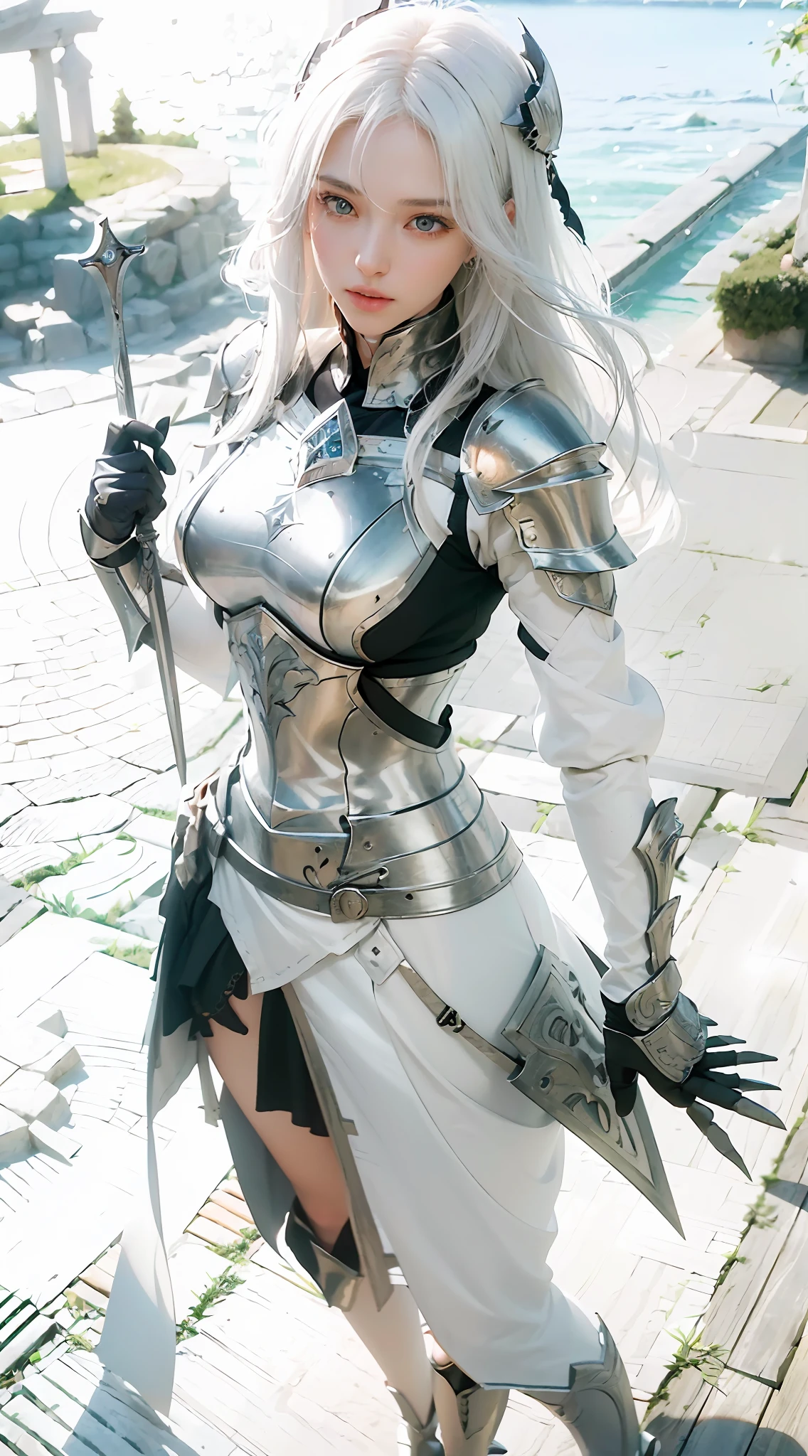 ((Best Quality)), ((Masterpiece)), (Details: 1.4), 3D, A Beautiful Female Knight, (Long White Hair: 1.9), (Red Eyes: 1.7), (Armor: 1.5), Sabre, Temple Background, Gothic Chapel, HDR (High Dynamic Range), Ray Tracing, NVIDIA RTX, Super-Resolution, Unreal 5, Subsurface Scattering, PBR Texture, Post Processing, Anisotropic Filtering, Depth of Field, Maximum sharpness and sharpness, multi-layer textures, albedo and highlight maps, surface shading, accurate simulation of light-material interactions, perfect proportions, Octane Render, two-color light, large aperture, low ISO, white balance, rule of thirds, 8K RAW,
