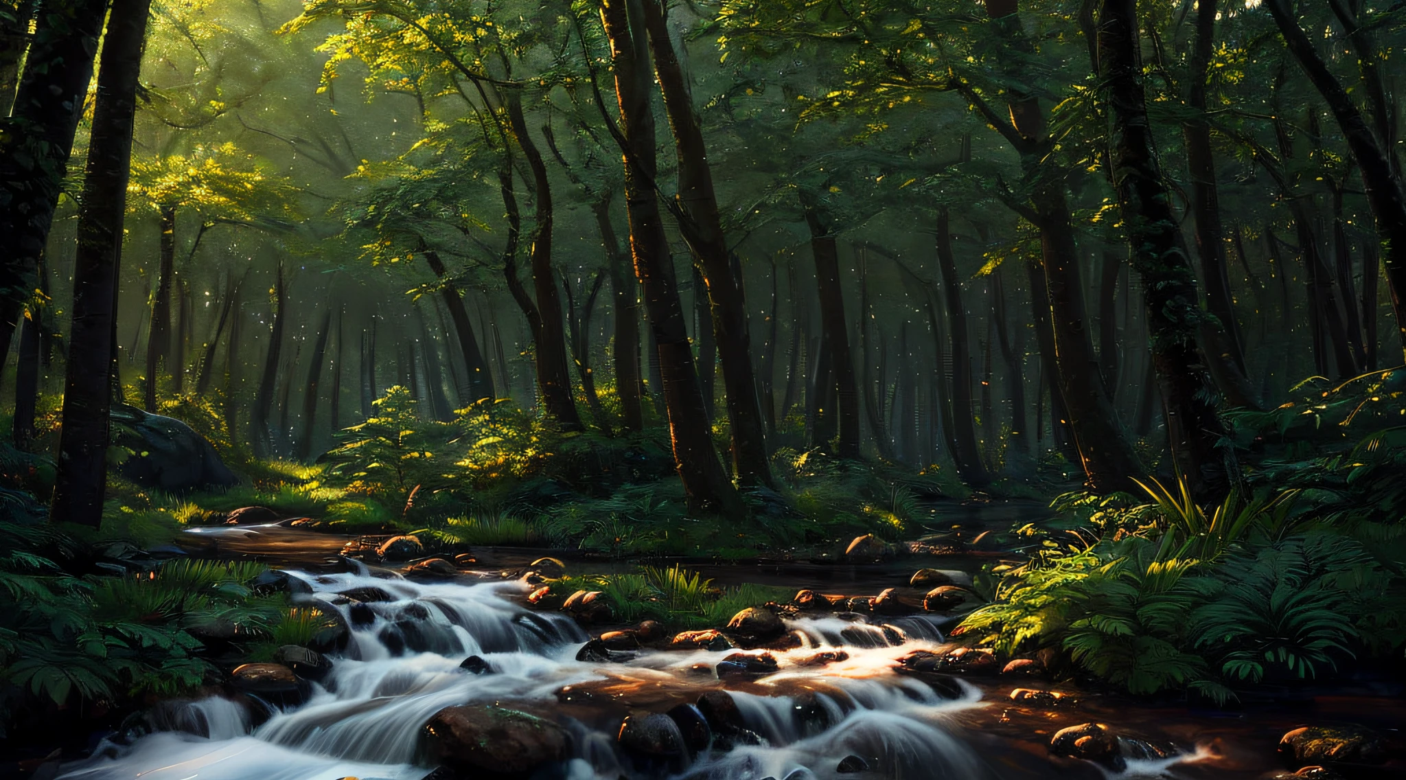 A lovely miniature forest with small trees and a small river, from an isometric point of view, masterpiece, best quality, high quality, very detailed CG uniform 8k wallpaper, oil painting, award winning photography, bokeh, depth of field, HDR, bloom, Chromatic Aberration, photorealistic, extremely detailed, trending on artstation, trending on CGsociety, Intricate, High Detail, dramatic, art by midjourney, volumetric lighting