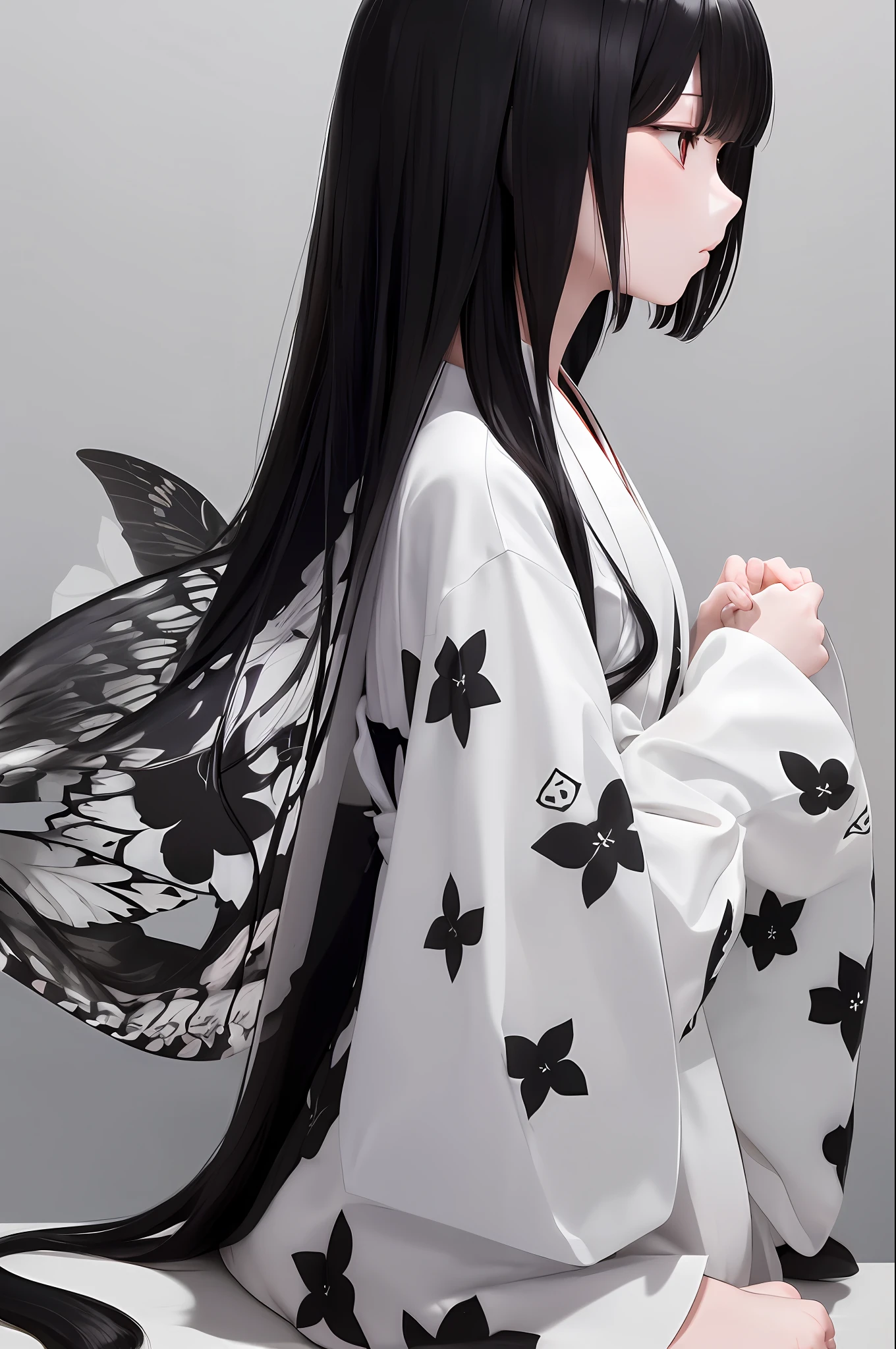 White yukata, ((profile)) (black petals) (fluttering with hands), full body, darkness, black hair, long hair (unkempt hair), standing picture, (sideways), sad, expressionless, dark eyes, white background, (sitting), back to the wall,