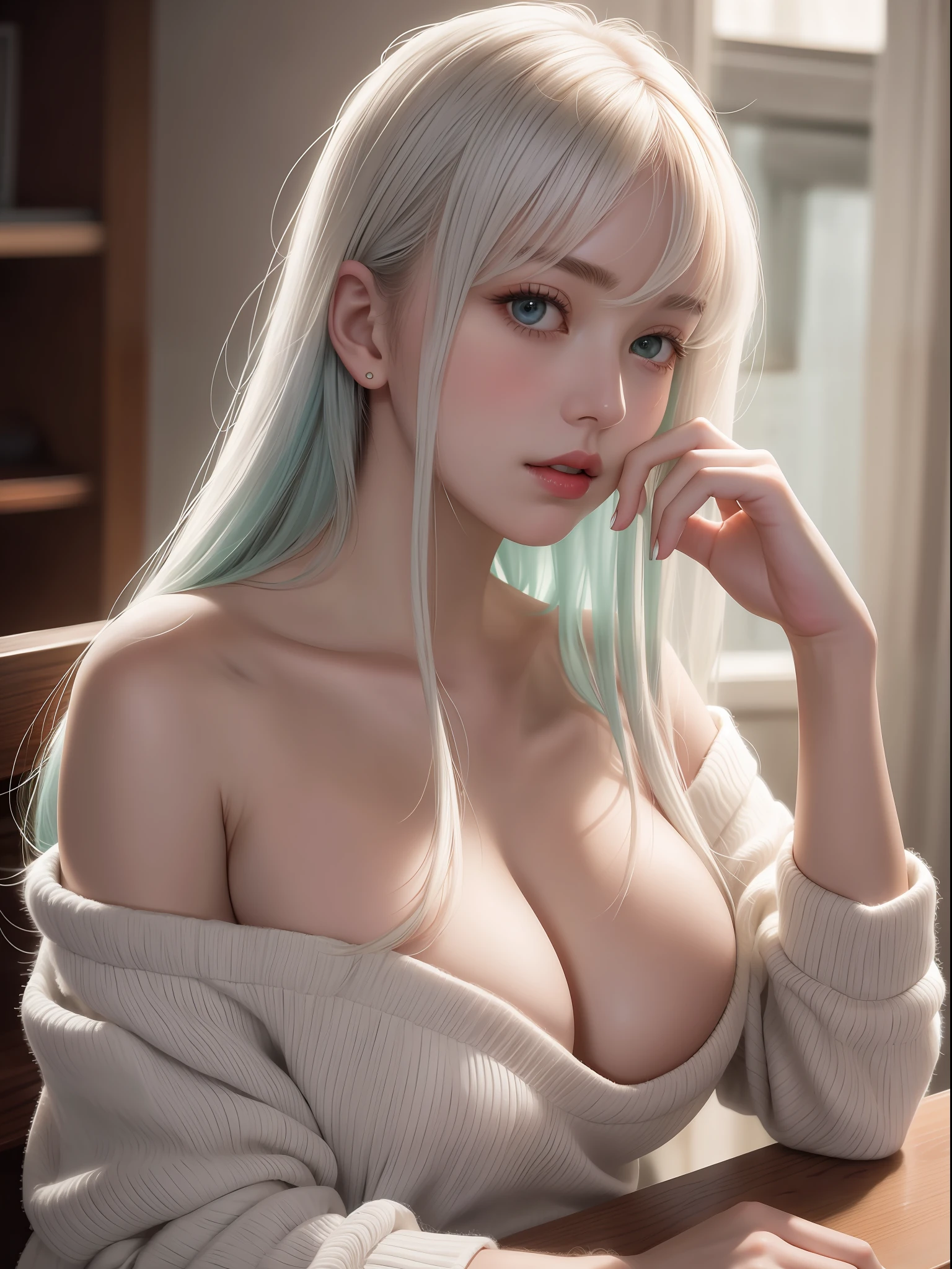 sitting, bare shoulders, detailed (((loose))) white sweater. large breasts, half body portrait, ((looking away)), stunningly beautiful, mint hair, blush, humble, bangs, table, home, hands. highly detailed. Cinematic lighting, (nsfw:1.25)