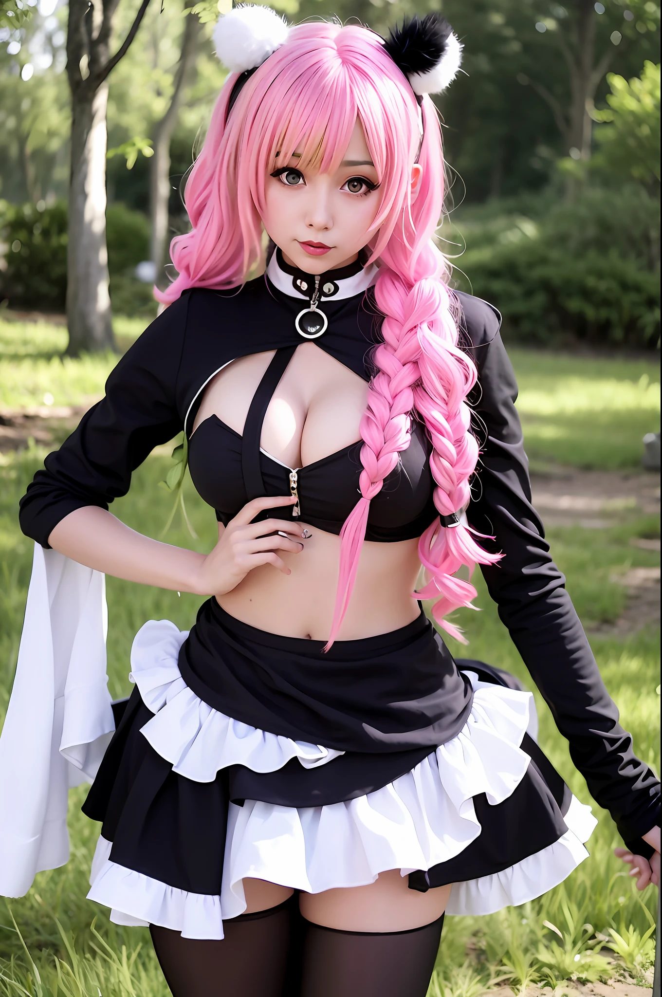 Short black and white costume with pink braid hair, {{{1/3 of the hair is green}}}}, big breasts, anime girl cosplay, cosplay, glamorous cosplay, cosplay photo