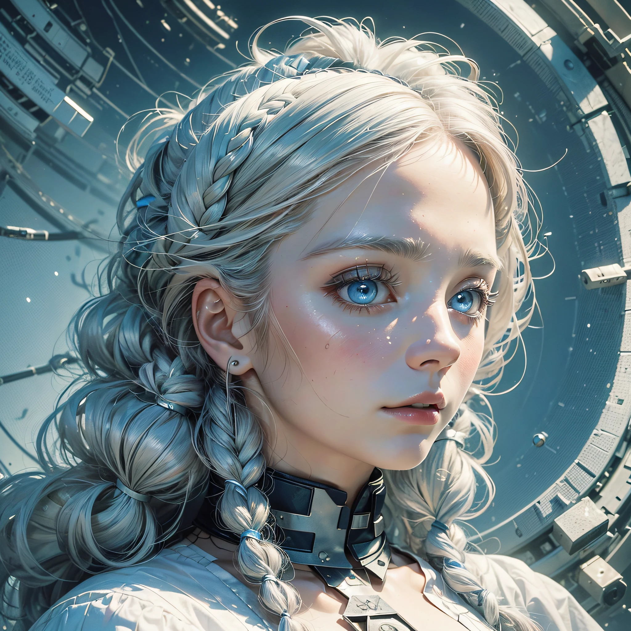(8K, Best Quality, Masterpiece: 1.2), (Realistic, Photorealistic, Photorealistic: 1.37), Best Quality, Masterpiece, White Hair, Blue Reincarnation, White Clothes, Look Up, Upper Body, Hair Strands, Fair Skin, Side Braids, Ultra High Resolution, Highly Detailed Eyes and Face, --auto --s2