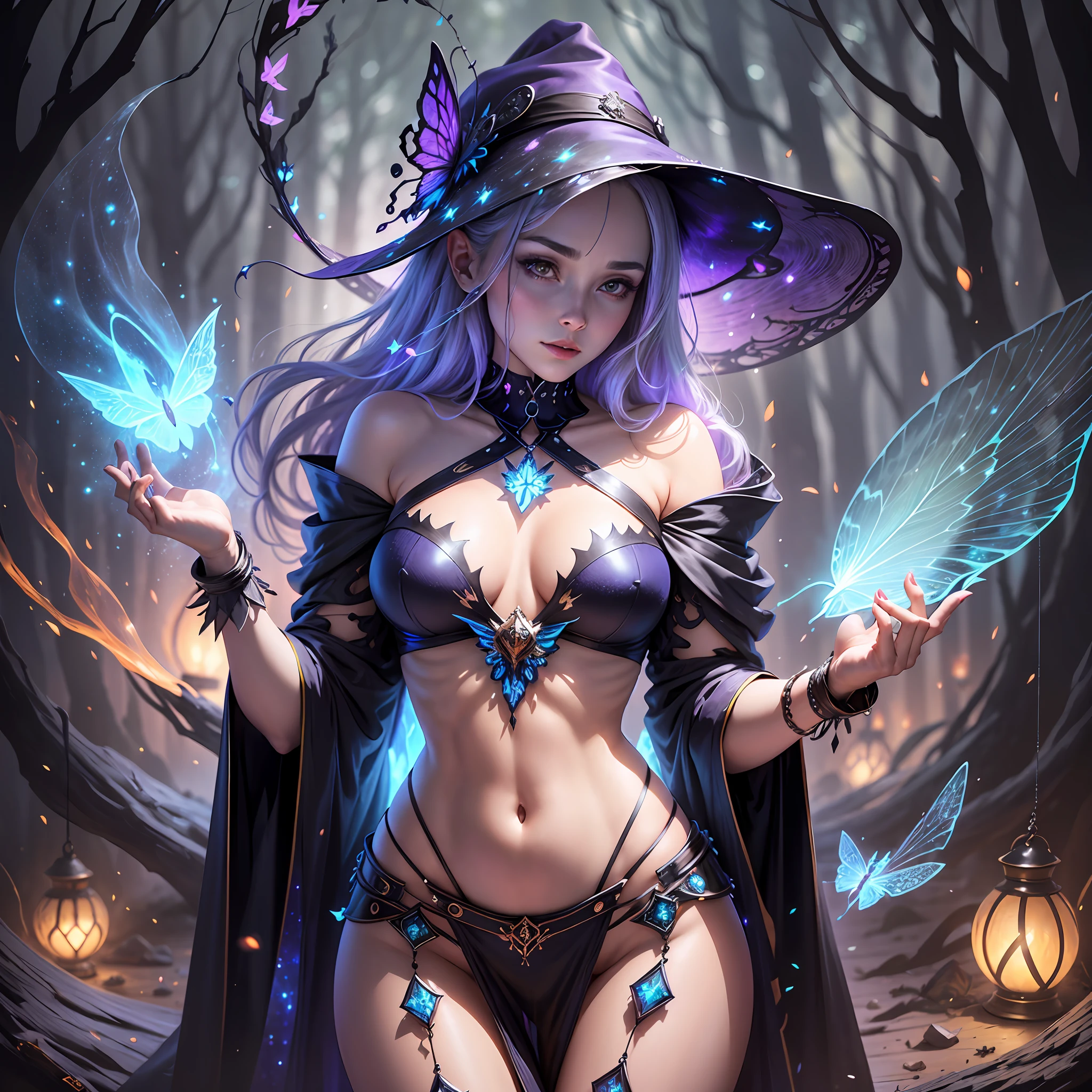 sexy full shot body photo of the most beautiful artwork in the world, illustration, cinematic light, fantasy, highres, highest quallity, ultra detailed, best quality, masterpiece, (detailed face), sexy mature woman wears a shirt and (torn) fullbody (transparent galaxy) cloths coat, floating cloth, choker, glowing (elder underworld fantasy) forest plants with neon details, open shoulders, tiny glowing butterfly, hair jewery, wearing a torn witch hat, (focus on body:1.25), night, small mutated animals in background, torn mini skirt ,a potion on hip, shoulder pads emitting magic energy, cameltoe, dark, light reflection --auto --s2