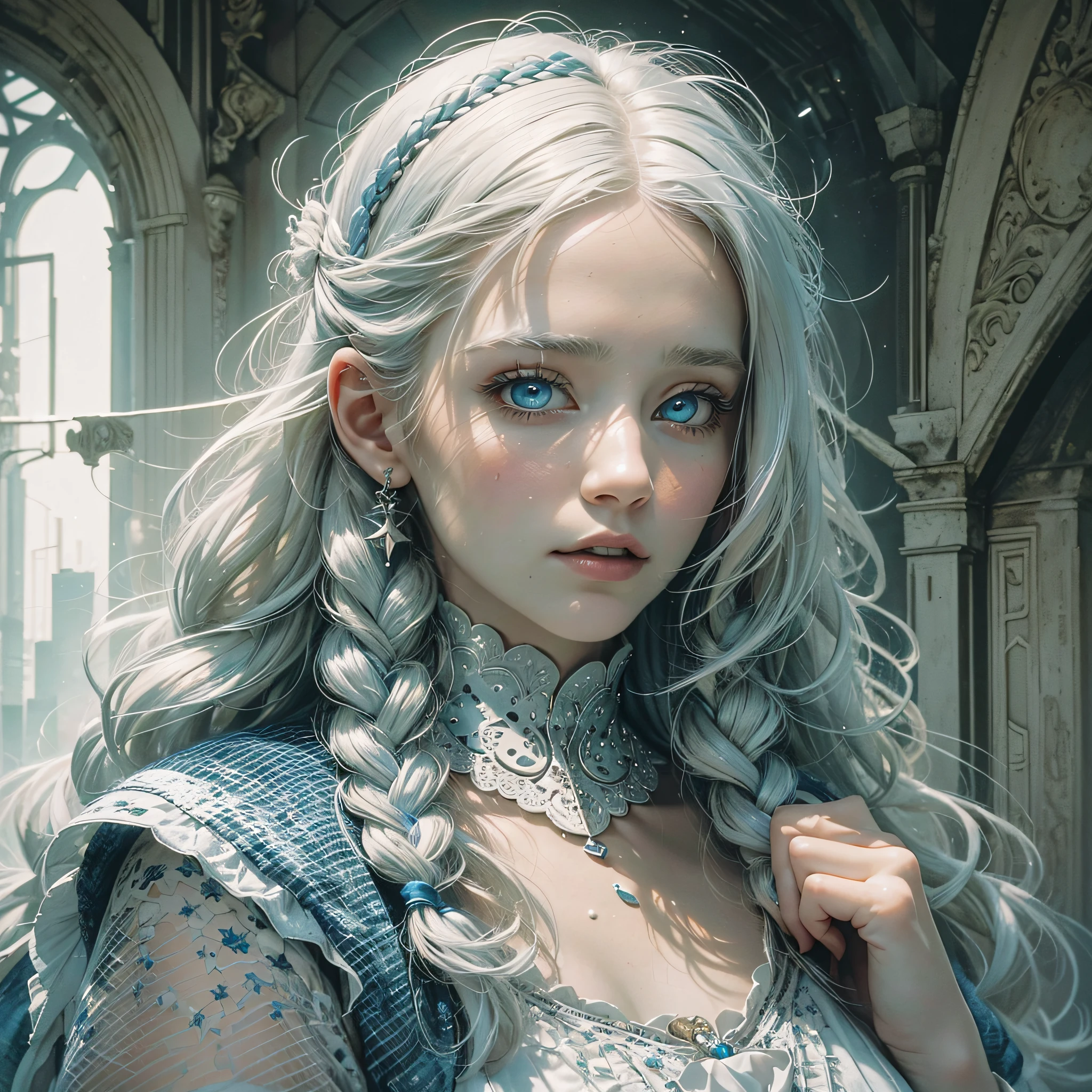 (8K, Best Quality, Masterpiece: 1.2), (Realistic, Photorealistic, Photorealistic: 1.37), Best Quality, Masterpiece, White Hair, Blue Reincarnation, White Clothes, Look Up, Upper Body, Hair Strands, Fair Skin, Side Braids, Ultra High Resolution, Highly Detailed Eyes and Face, --auto --s2