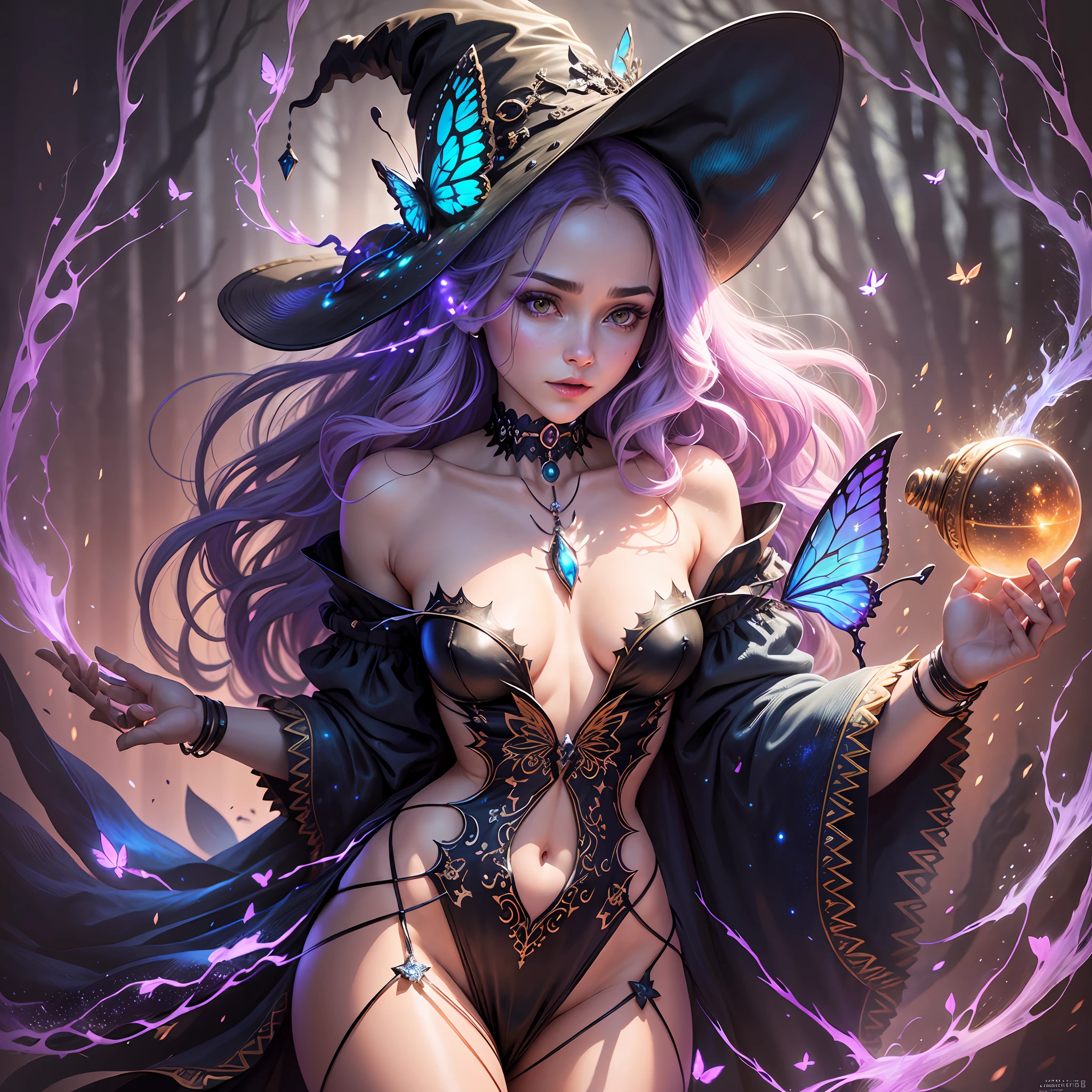 sexy full shot body photo of the most beautiful artwork in the world, illustration, cinematic light, fantasy, highres, highest quallity, ultra detailed,  best quality, masterpiece, (detailed face), sexy mature woman wears a shirt and (torn) fullbody (transparent galaxy) cloths coat, floating cloth, choker, glowing (elder underworld fantasy) forest plants with neon details, open shoulders, tiny glowing butterfly, hair jewery, wearing a torn witch hat, (focus on body:1.25), night, small mutated animals in background, torn mini skirt ,a potion on hip, shoulder pads emitting magic energy, cameltoe, dark, light reflection --auto --s2