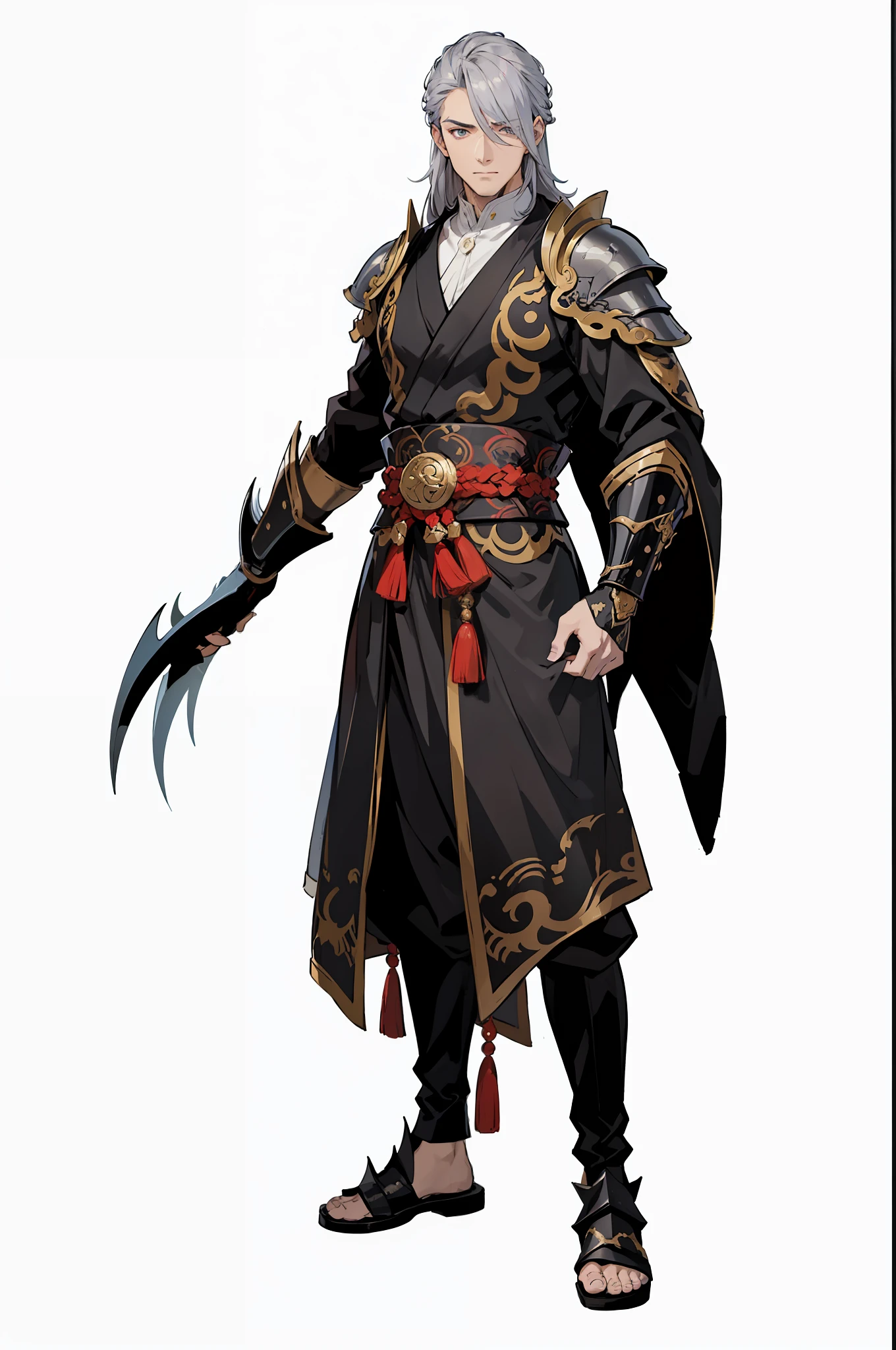A handsome man, He wears a black Chinese dragon pattern robe, Wear a black headscarf, 。 One-handed claw weapon, There is armor on the shoulders, hair over one eye, long hair, grey hair, silver hair, anime, anime style, high detail, Conceptual art, character chart, reference sheet, 4K, anatomically correct, ccurate