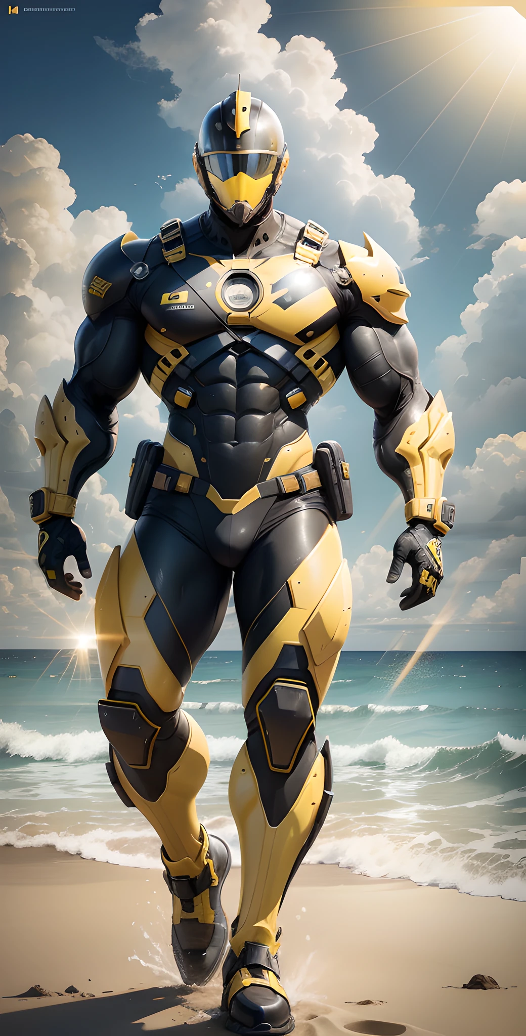 Man in yellow and black clothes standing on the sunny beach, muscular man, American round inch, Buzz cut, muscular! Wearing a mechanical helmet, Buzz Cut, stealth suit, symmetrical pattern texture design, optimal image quality and resolution, character design special forces, black military boots, attractive strong male and armor, weaving sunlight shining through the clouds