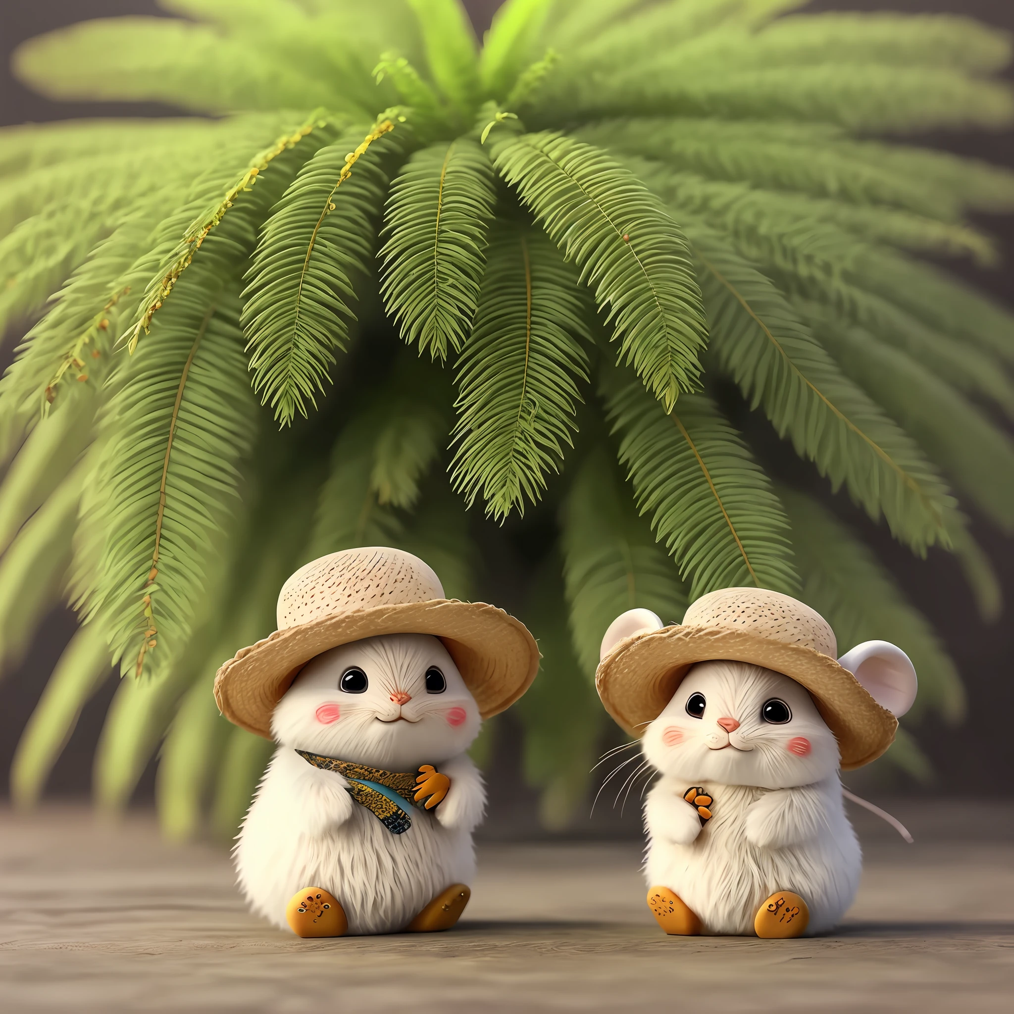 palm tree, realistic, hairy, clothed animal, mouse, teak, food, whole body, straw hat, non-human, palm fruit