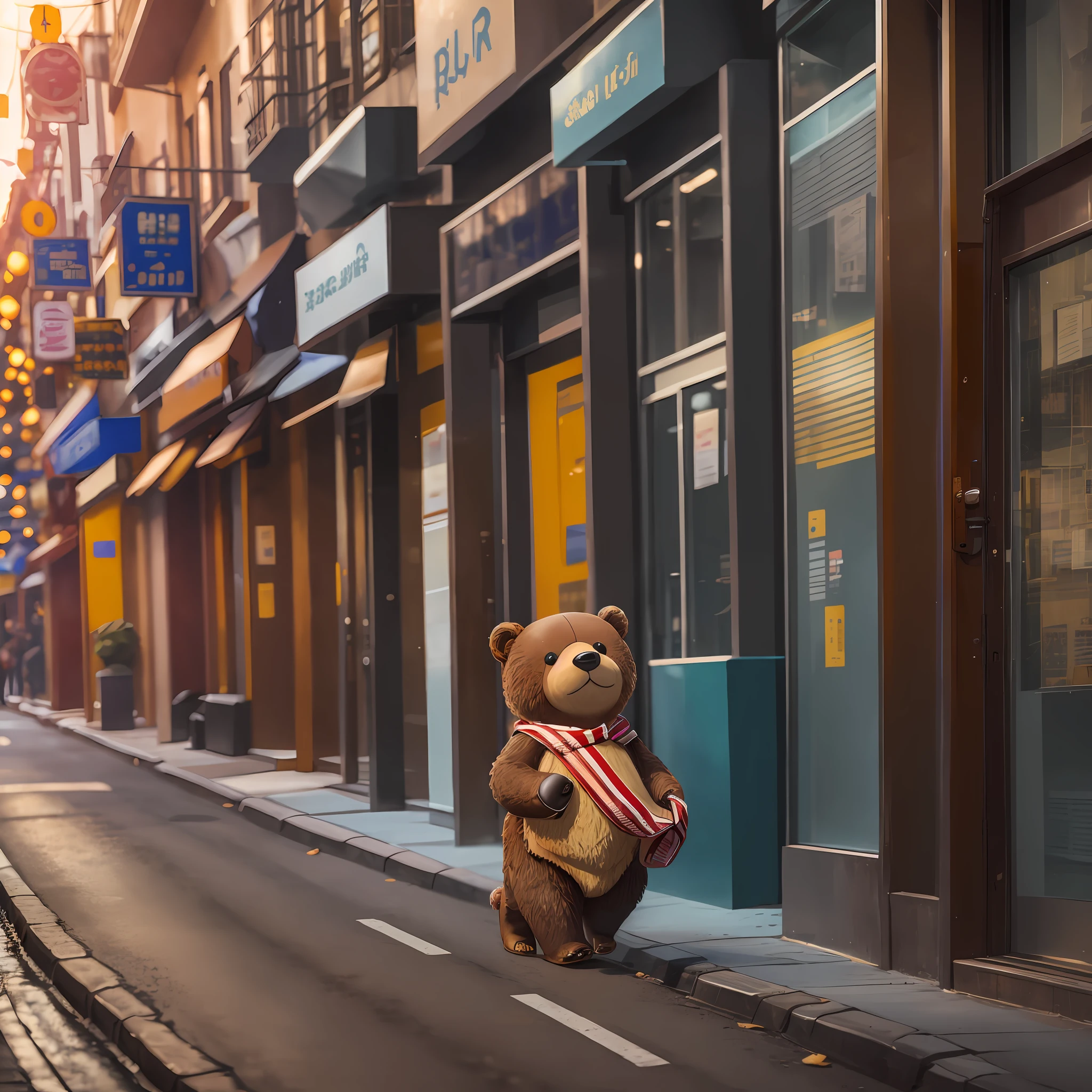 A small brown bear in uniform, walking down the street, cute, rich in details and filmy --auto --s2