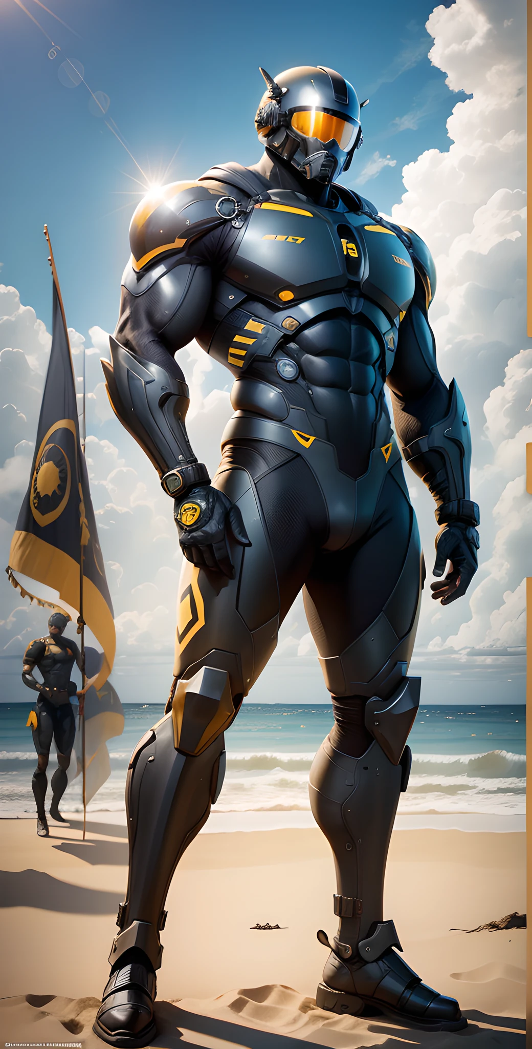 Man in yellow and black clothes standing on the sunny beach, muscular man, American round inch, Buzz cut, muscular! Wearing a mechanical helmet, Buzz Cut, stealth suit, symmetrical pattern texture design, optimal image quality and resolution, character design special forces, black military boots, attractive strong male and armor, weaving sunlight shining through the clouds