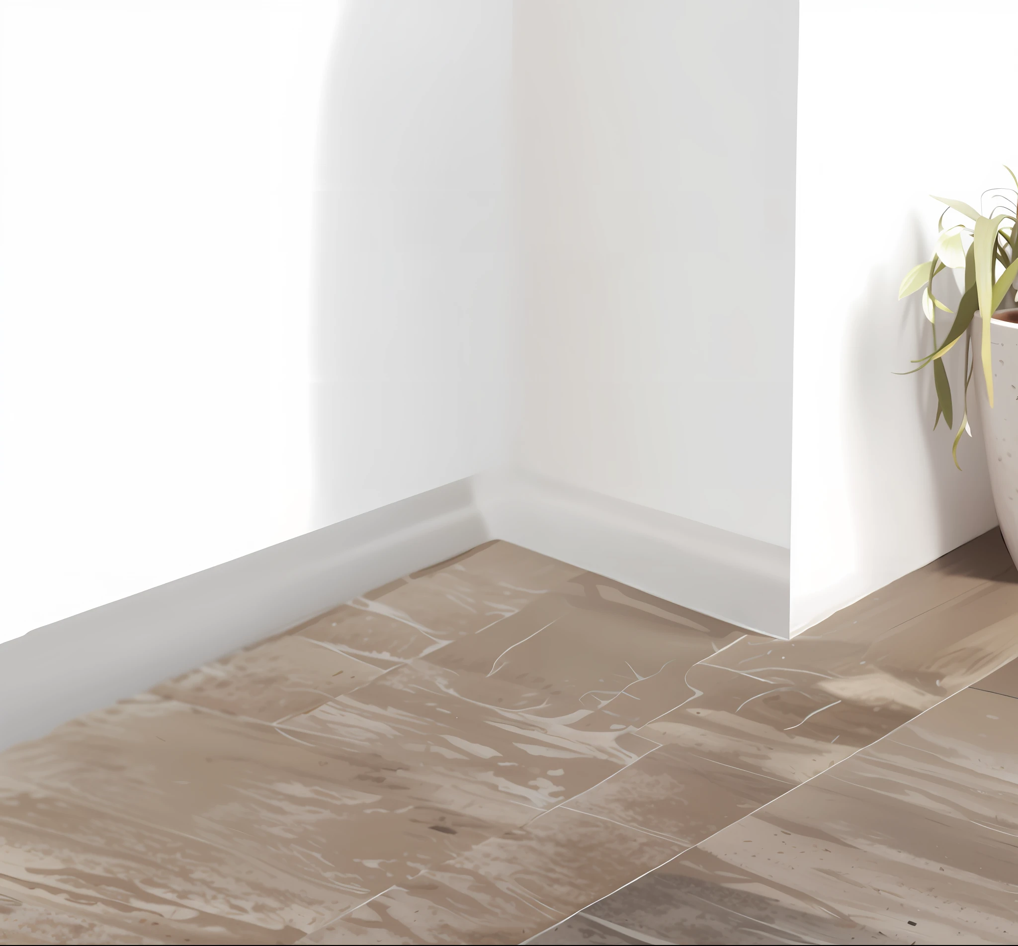 there is a plant in a pot on the floor next to a wall, bottom angle, corners, detailed image, landscape vista, dusty floor, basic background, floor fog, wall corner, flex, very very creepy, floor tiles, platinum, high end, very creepy, smog on the floor, gradient brown to silver, tile floor, tiled room squared waterway