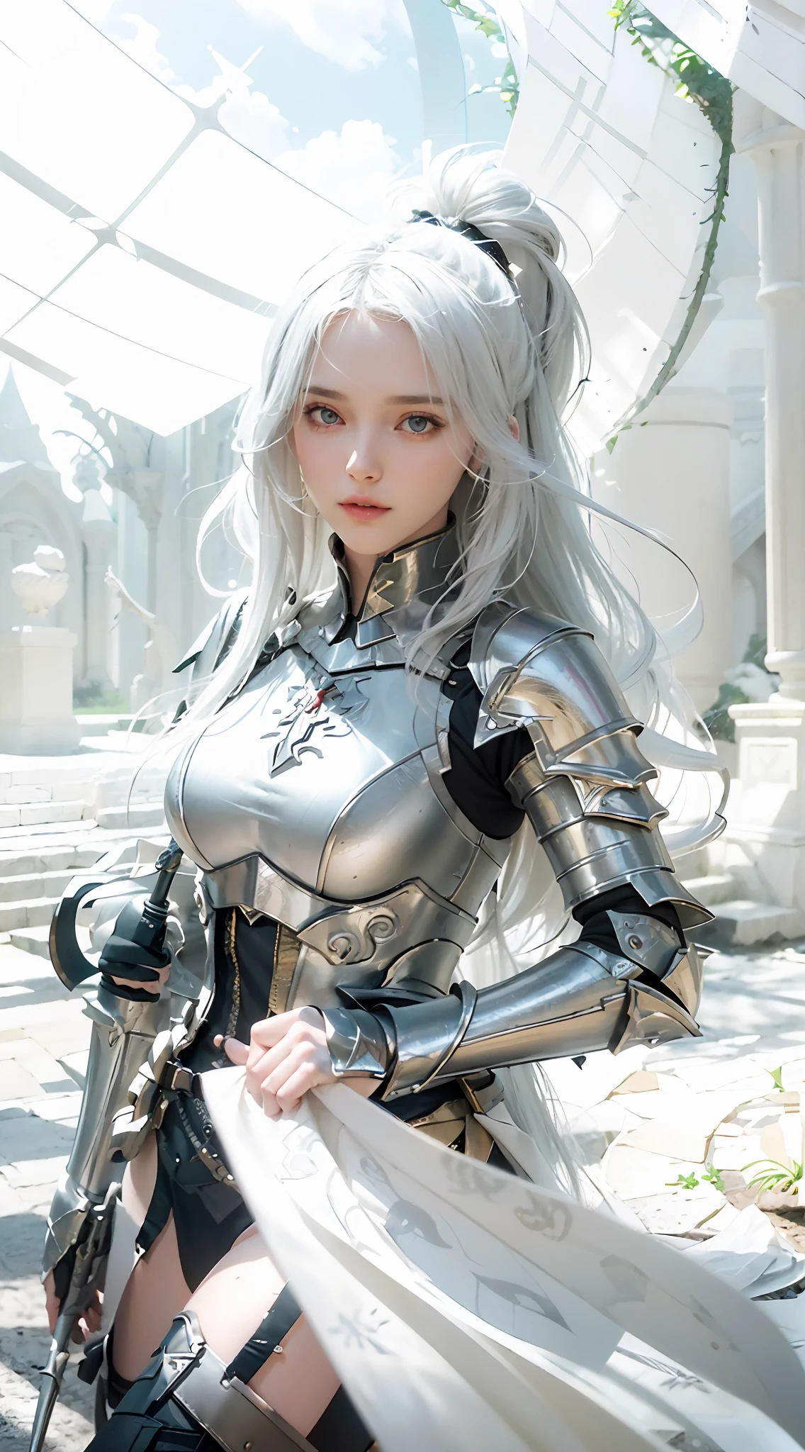 ((Best Quality)), ((Masterpiece)), (Details: 1.4), 3D, A Beautiful Female Knight, (Long White Hair: 1.9), (Red Eyes: 1.7), (Armor: 1.5), Sabre, Temple Background, Gothic Chapel, HDR (High Dynamic Range), Ray Tracing, NVIDIA RTX, Super-Resolution, Unreal 5, Subsurface Scattering, PBR Texture, Post Processing, Anisotropic Filtering, Depth of Field, Maximum sharpness and sharpness, multi-layer textures, albedo and highlight maps, surface shading, accurate simulation of light-material interactions, perfect proportions, Octane Render, two-color light, large aperture, low ISO, white balance, rule of thirds, 8K RAW,
