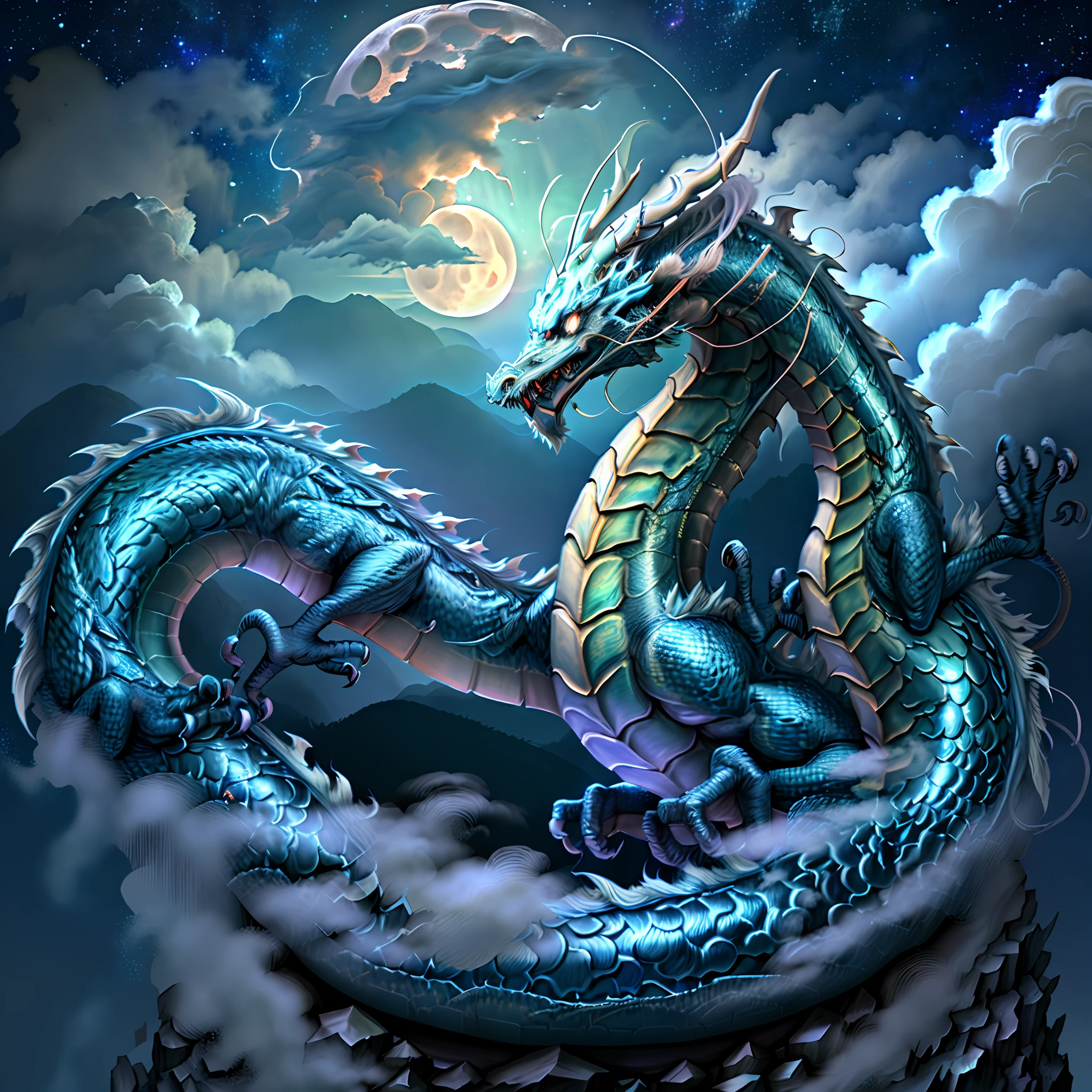 (Ying Dragon God), (Through the Clouds), (Top of the Mountains), (Complex), (Super Detail), (Starry Sky Background), (Stout Limbs), (Moon Night), (Ultra Clear), (Best Quality) --v 6