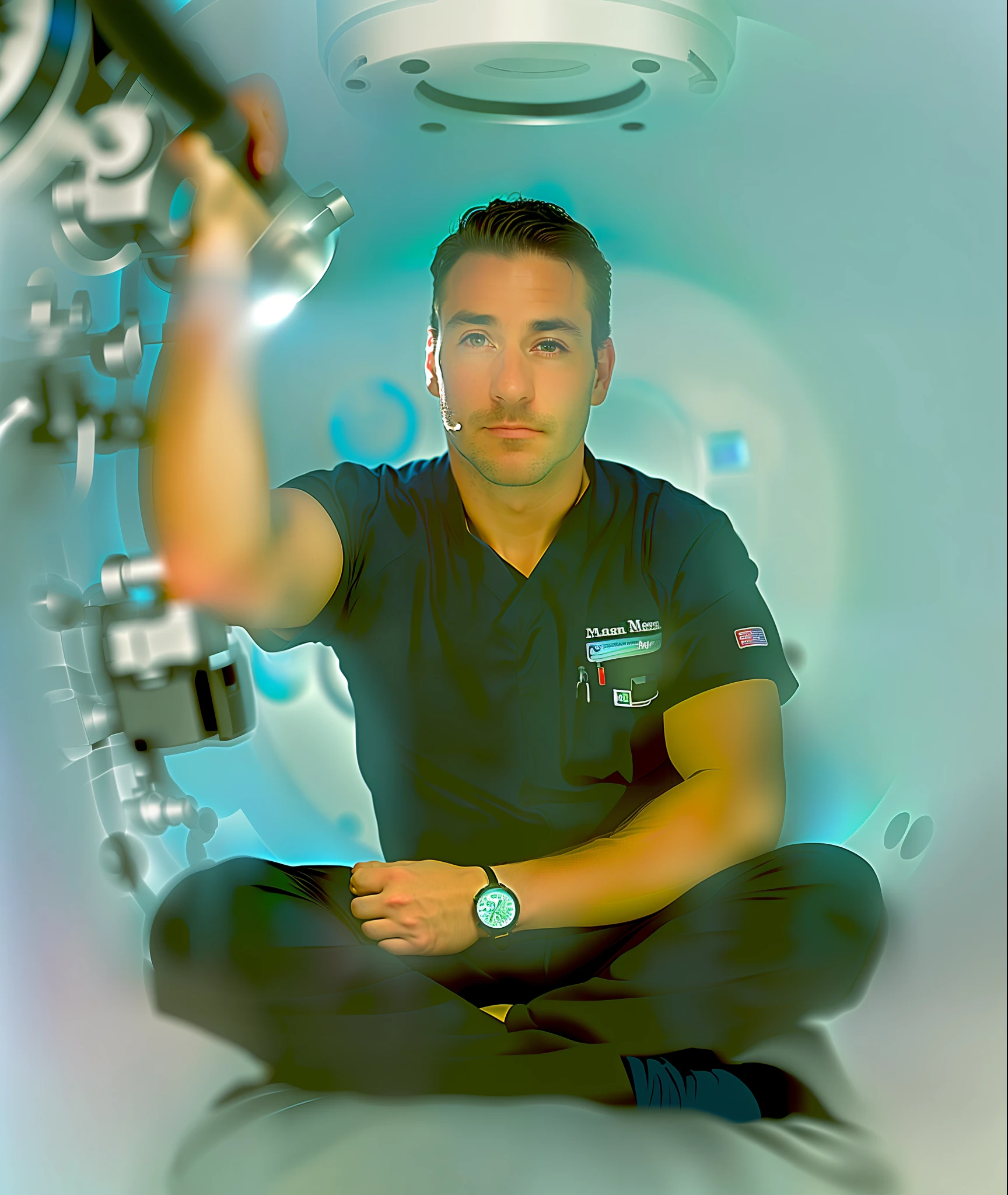 Doctor man sitting in a large blue Hyperbaric chamber, sitting on top of a blue vinyl medical mattress, medical photography, metal tank huge, healing chamber, live forever, healthy oxygen therapy chamber