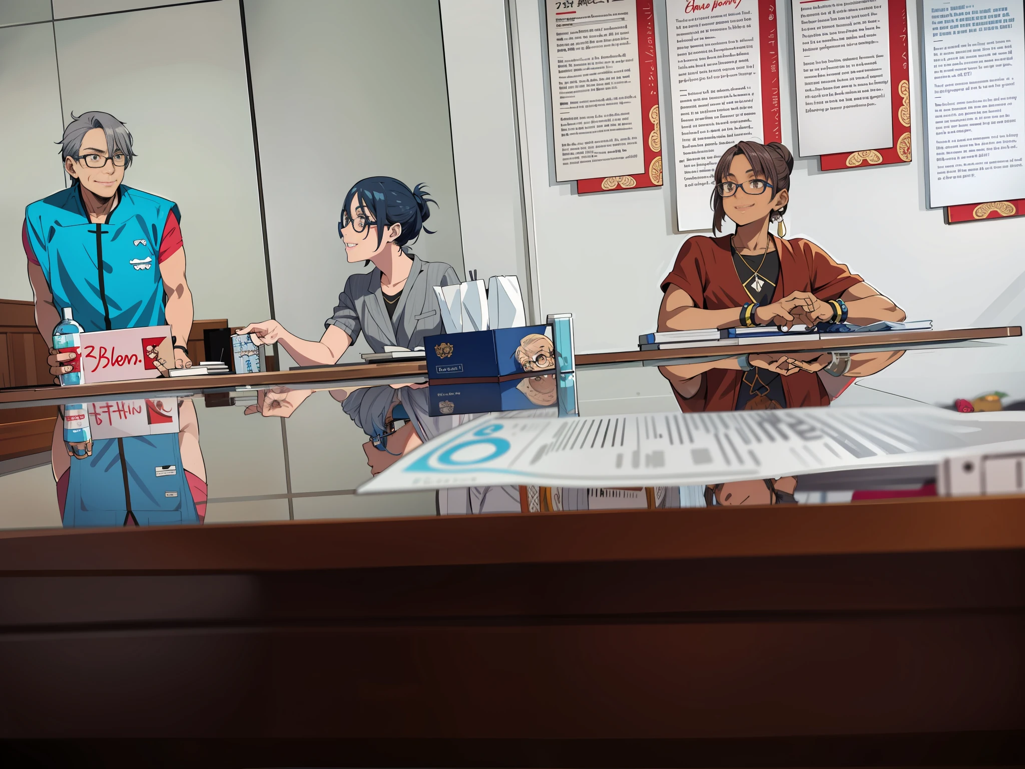 (Best quality: 1.4), three women, blue woman on right, gray man with glasses in middle, brown woman on left, anime, solo, happy, manga style, perfect fingers, HD, 8K