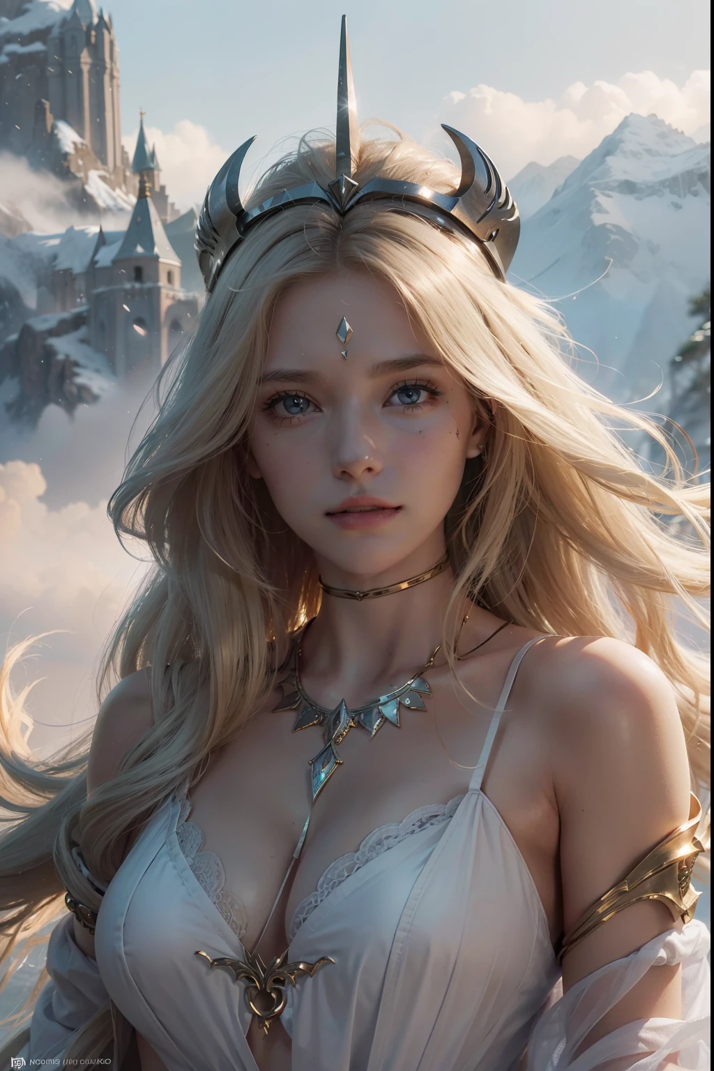 ((Best Quality, 8k, Sharp Focus, 35mm Lens, Masterpiece: 1.2, back Light, Ultimate Girl, Highly Detailed Facial Textures, Highly Detailed Facial Textures, detailed beauty makeup: 1.2, realistic skin, detailed bangs)), The background of night the mountain,{{detailed shining light gold Full Metal Armor}}, holding sword, (circlet helmet), 22 years old, inverted triangle face, large breast:1.2, Grinning, detailed divine pale blonde hair, long wavy messy hair, wind, light fog, devil's castle, beautiful detailed deep ash eyes, sense of determination Courageous face, final battle, absurdity, upper body , head tilt