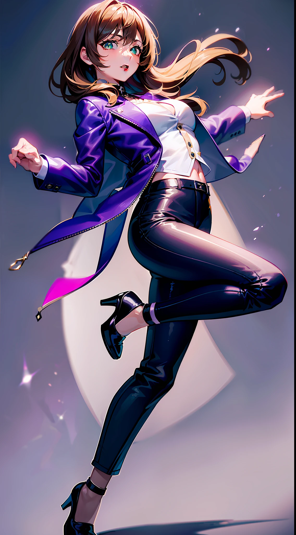 Singing and dancing singer, ((Genshin), (lisa)), brown hair, green eyes, confident expression, {costume description: (purple leather jacket), (white vest), (black slacks), black high heels}, (solid gray background), full body shot