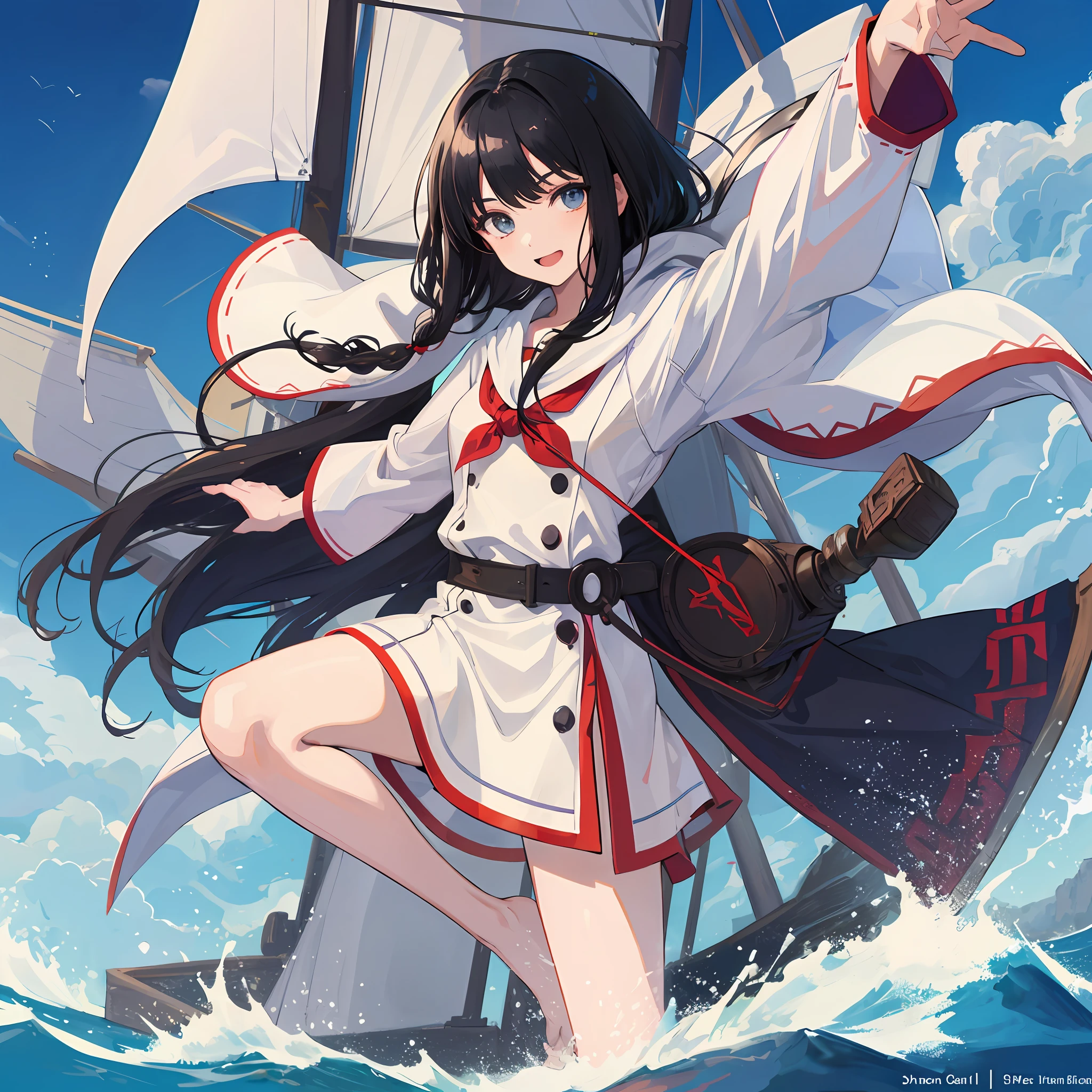 Anime female, black hair colour style, using white adventure robe, was on a sailing ship