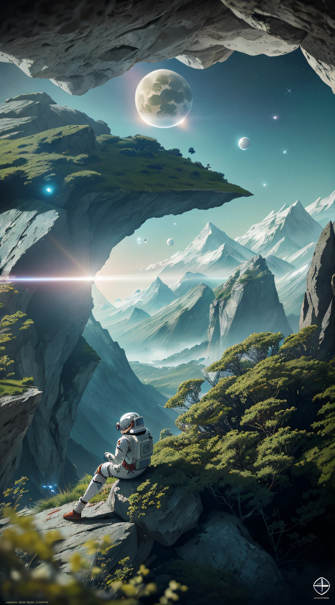 Very detailed RAW color photos, rear view, full body, (astronauts in white and red spacesuits, futuristic helmets, canned masks, respirators, important trophies), outdoors, (leaning against the edge of a rock to see advanced alien structures), on an exotic alien planet, toned body, big ass, (science fiction), (mountains: 1.1), (dense green vegetation), (two moons) sky: 0.8), (very detailed, ultra-detailed, complex), (lens flare up), (Very Detailed, Ultra-Detailed, Complex), (Lens Flare) 0.7), (Halo: 0.7), Particle Effects, Ray Tracing, Cinematic Lighting, Shallow Depth of Field, Shot on Sony A9 II, 24mm Wide Angle Lens, Clear Focus, Gravity 2013 Cinematic Still --auto --s2