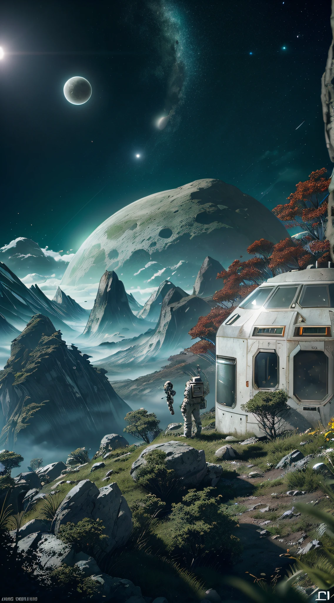 Very detailed RAW color photos, rear view, full body, (astronauts in white and red spacesuits, futuristic helmets, canned masks, respirators, important trophies), outdoors, (leaning against the edge of a rock to see advanced alien structures), on an exotic alien planet, toned body, big ass, (science fiction), (mountains: 1.1), (dense green vegetation), (two moons) sky: 0.8), (very detailed, ultra-detailed, complex), (lens flare up), (Very Detailed, Ultra-Detailed, Complex), (Lens Flare) 0.7), (Halo: 0.7), Particle Effects, Ray Tracing, Cinematic Lighting, Shallow Depth of Field, Shot on Sony A9 II, 24mm Wide Angle Lens, Clear Focus, Gravity 2013 Cinematic Still --auto --s2
