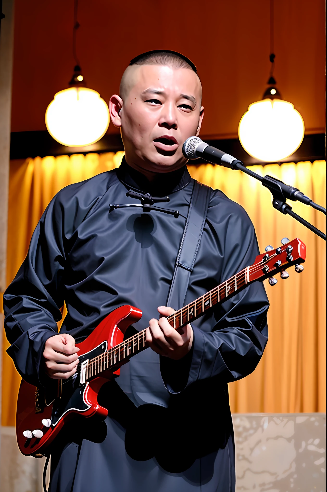 Best Quality, Ultra High Resolution, (Realisticity: 1.4), 1man, Baldness, Detailed Eyes, Full Body, Play Rock Instruments, Passion, Vitality, Electric Guitar, Microphone