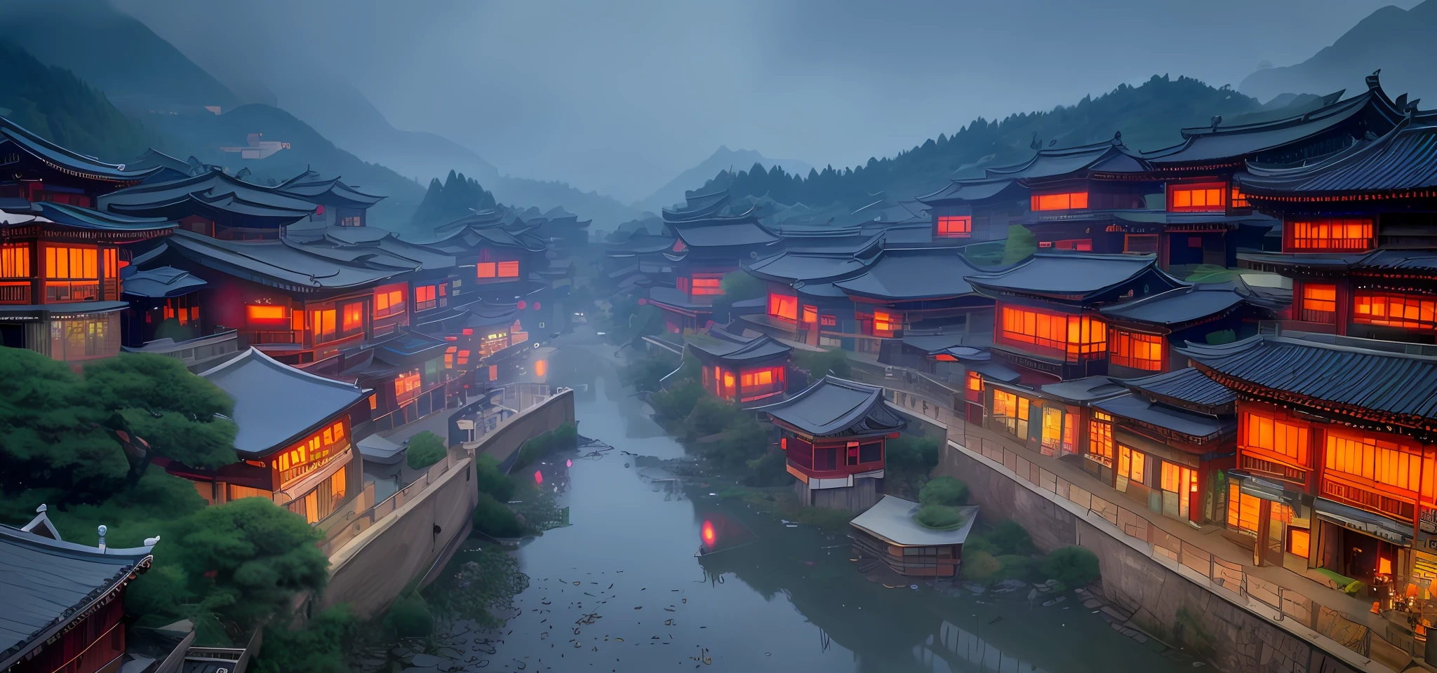 arafed view of a village with a lot of lights on the buildings, dreamy chinese town, chinese village, amazing wallpaper, japanese town, japanese village, hyper realistic photo of a town, old asian village, japanese city, by Raymond Han, rainy evening, cyberpunk chinese ancient castle, beautifully lit buildings, at evening during rain, beautiful and aesthetic, photography, cinematic, 8k, high detailed ((Heavy rain)))