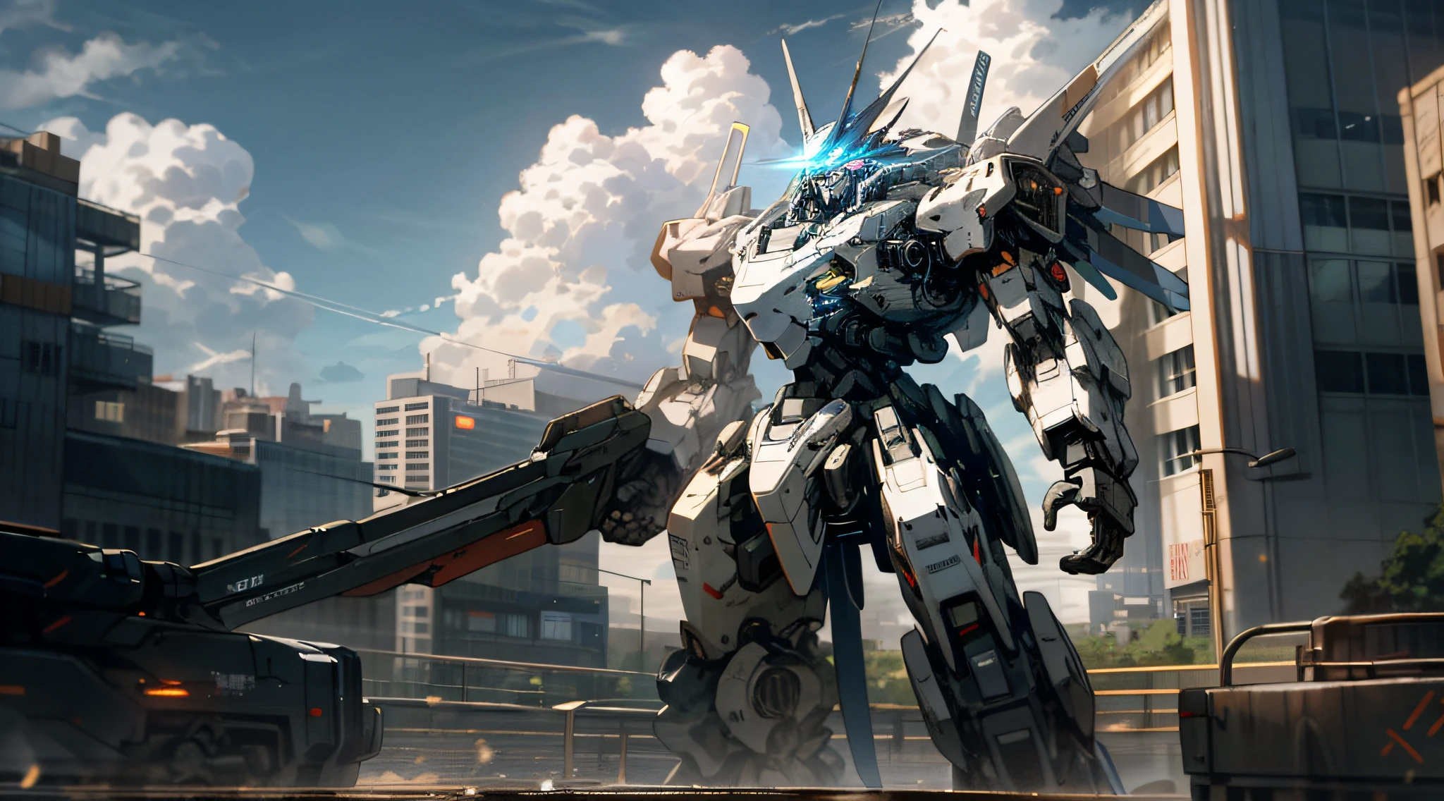 sky, cloud, holding_weapon, no_humans, glowing, , robot, building, glowing_eyes, mecha, science_fiction, city, realistic,mecha
