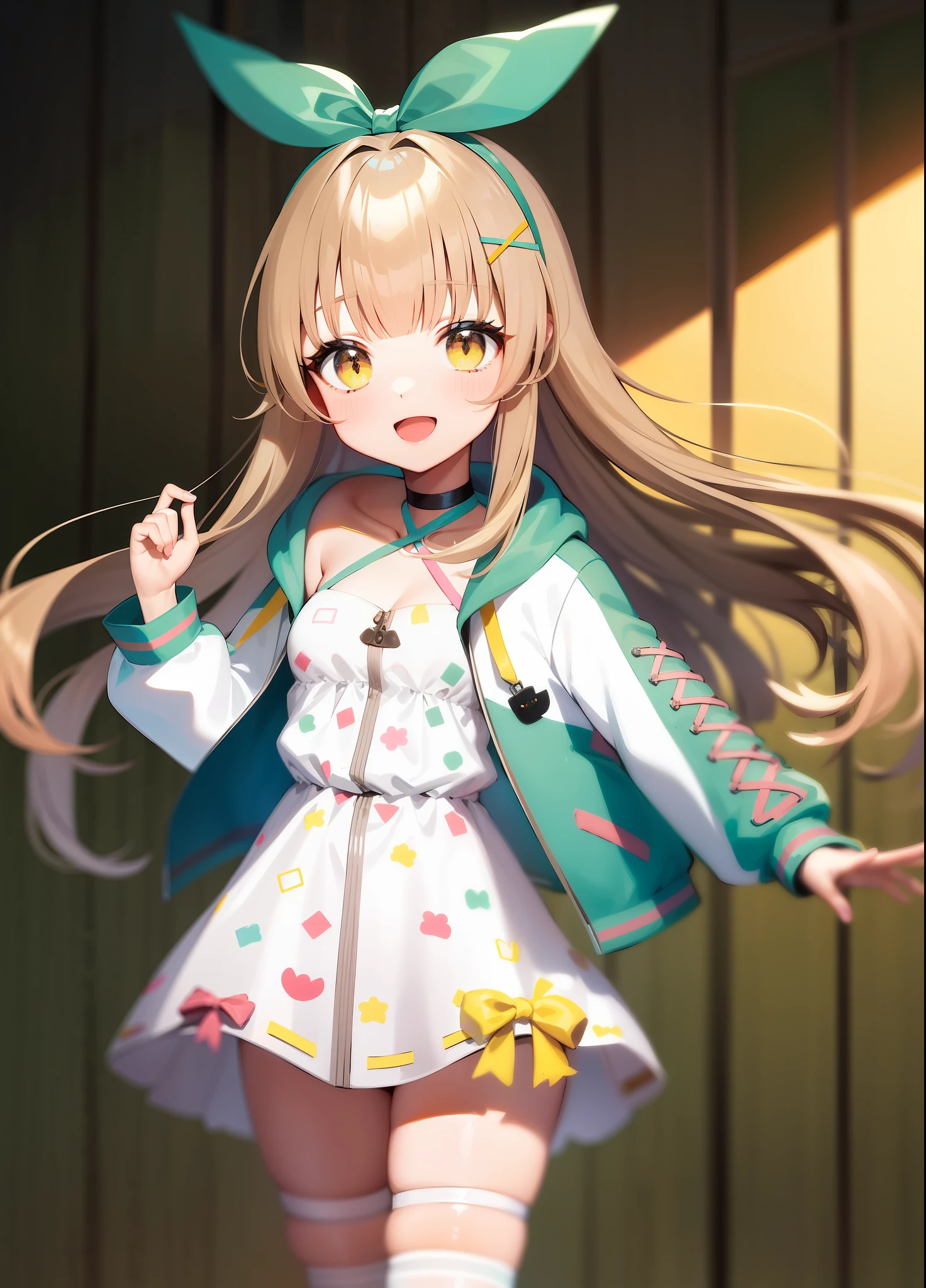 nanahi, highly detailed eyes. sharp focus, absurdres, best quality, 1girl, solo, small breasts, (light brown hair, long hair, blunt bangs, bangs), (green ribbon, hair ribbon) yellow eyes, green jacket, white dress, long hair, open jacket, simple background, small breasts, (lifted by self, lifting skirt:1.25), criss-cross halter, halterneck, black choker, :D, open mouth, slight blush, x hair ornament, hairclip, single thighhigh, striped thighhigh, asymmetrical thighhigh, bow