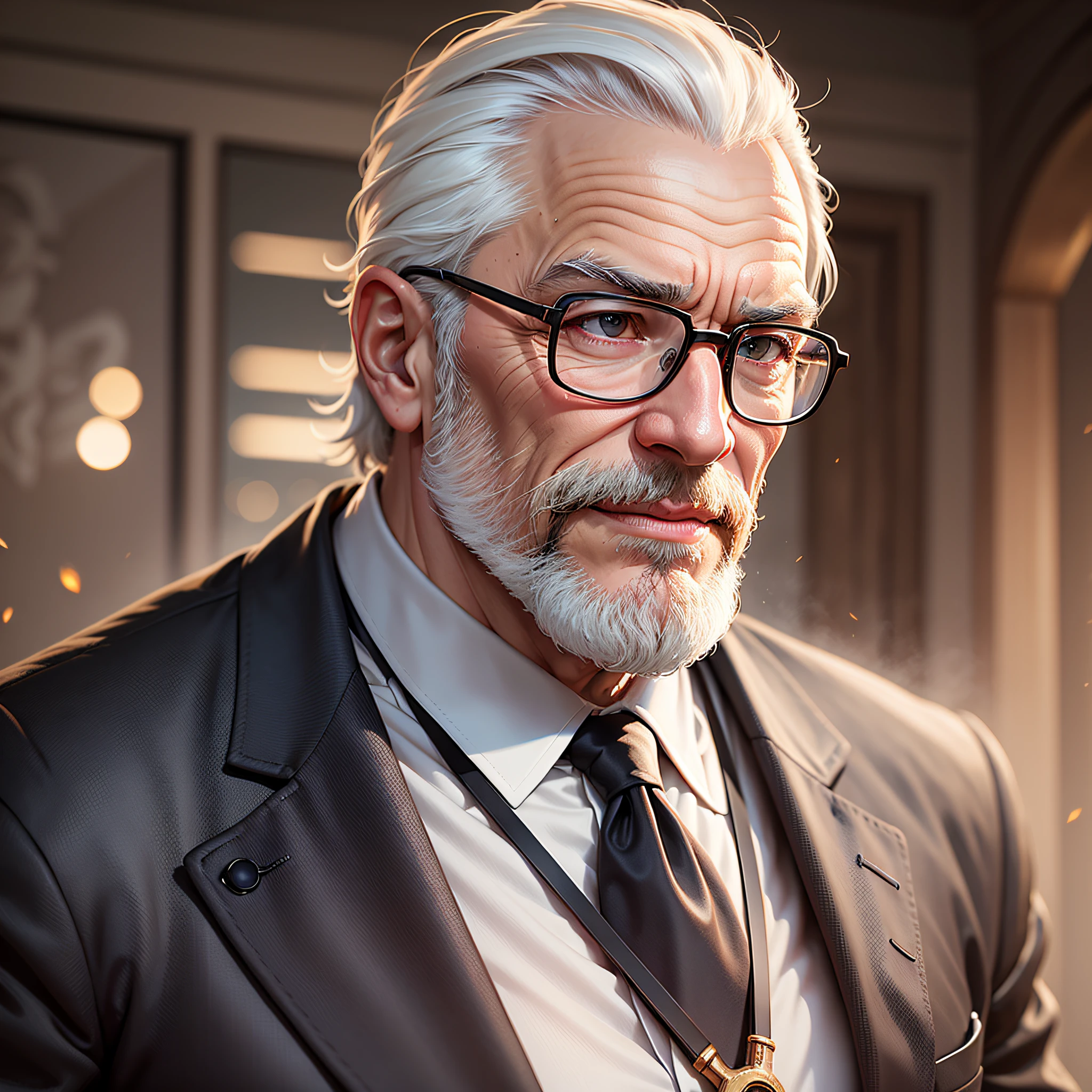  and steady, dignified, deep, shallow beard, glasses, shirt, tie, elegant, confident, rich life experience, wrinkled clothing, crutches, self-awareness, experienced, wise, smiling, natural posture, immersed in thinking, prudent decision-making, majestic, self-respecting face, serious expression, vitality, focused eyes, whiteness on the hairline, healthy skin, precipitated temperament, straight elephant, natural appearance, unpretentious, maturecter charm, oriental face Model: character portrait, CFG scale: 8, Hires upscale: 1.5 --auto --s2