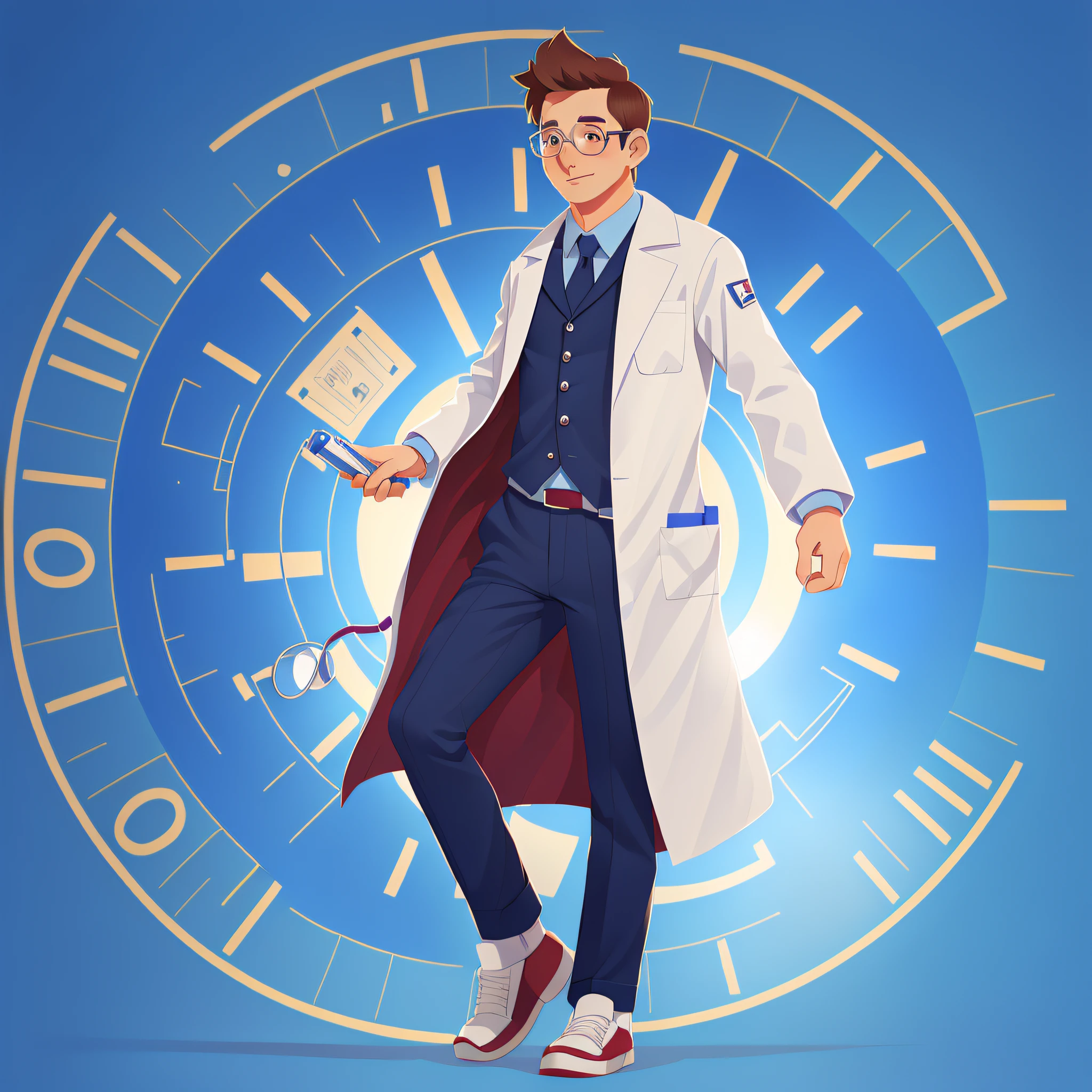 Male doctor, cartoon doctor, Q version doctor, white coat, 3d rendering, with glasses, blue background, solid color background, full body photo