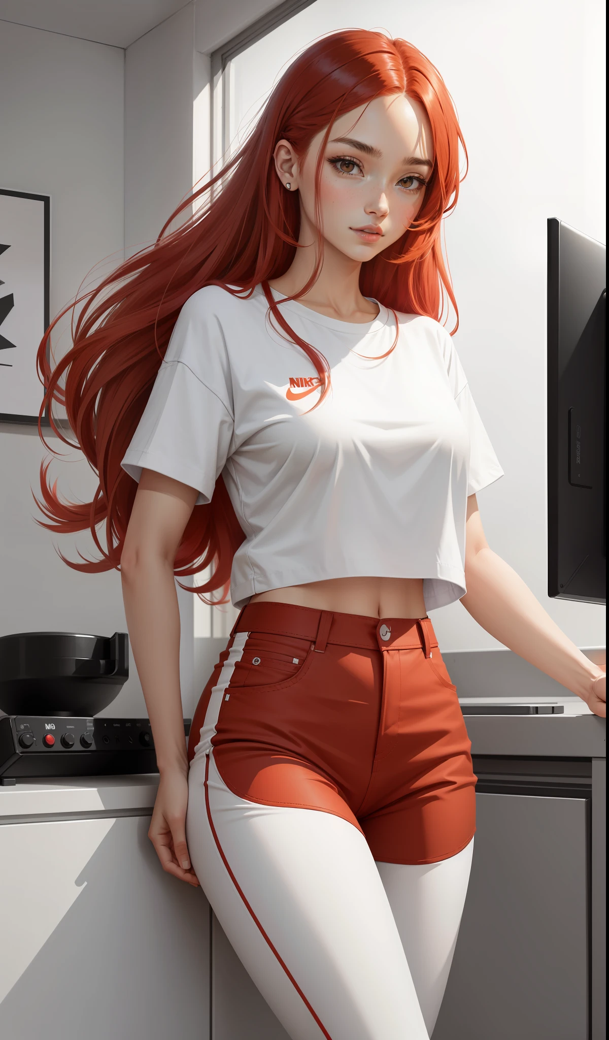 A woman in a white shirt and red pants is playing a video game, minimalist style, wearing elegant casual clothes, soft red, simple clothes, milk and red style, casual clothing style, modern fashion clothing, wearing fisherman, casual modern clothing, inspo, red clothes, tight pants, neutral tones, rred and white color scheme, casual business wear, scary face, nike shoes, 22 years old, adult face, long hair, ((red hair))