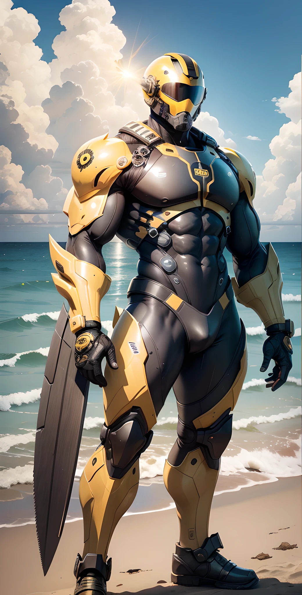 Man in yellow and black clothes standing on the sunny beach, muscular man, American round inch, Buzz cut, muscular! Wearing a cool mechanical helmet, round head Buzz Cut, stealth suit, symmetrical floral texture design, optimal picture quality and resolution, character design special forces, black military boots, attractive strong men and armor, weaving sunlight through the clouds