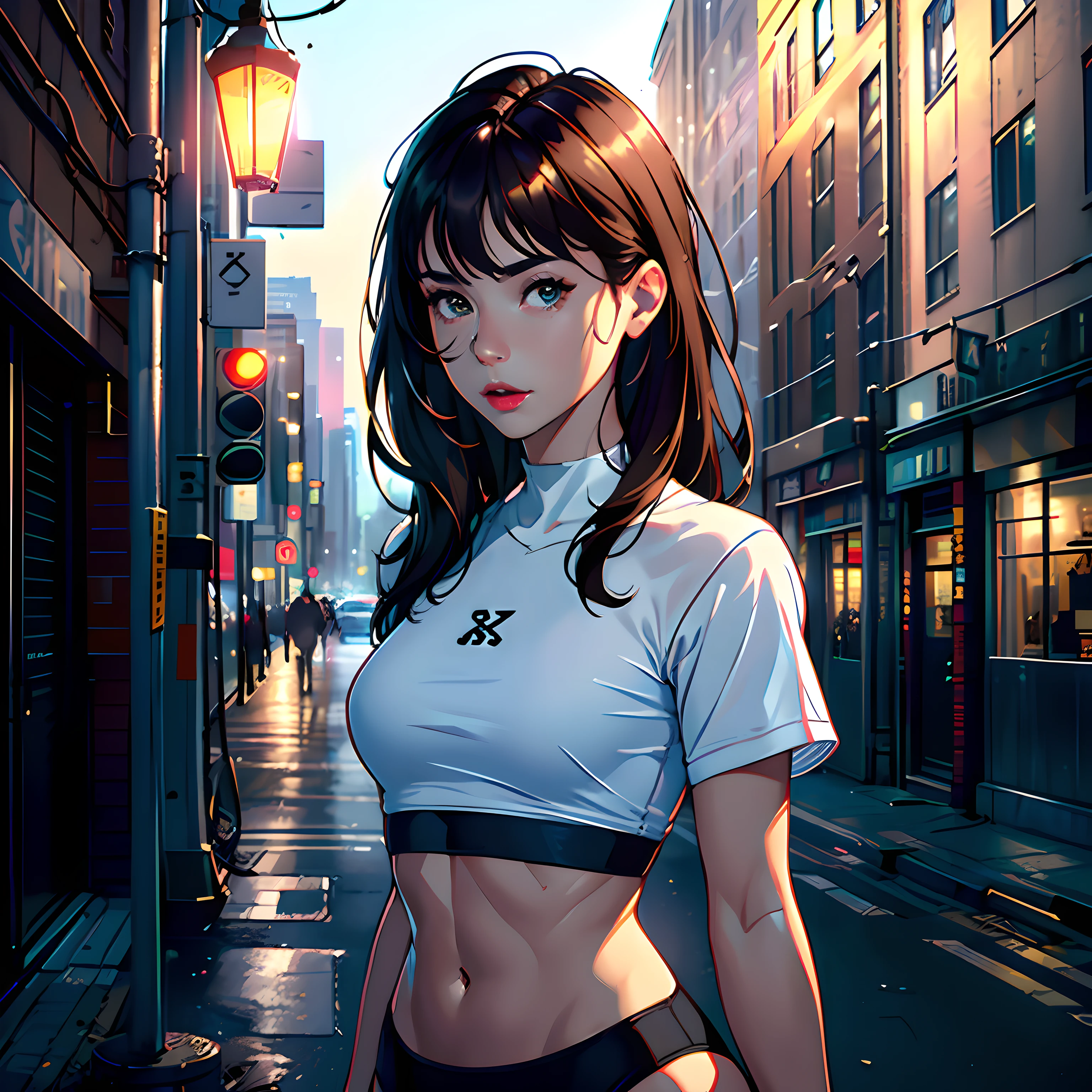 ((Realistic lighting, Best quality, 8K, Masterpiece: 1.3)), Clear focus: 1.2, 1girl, Perfect Figure: 1.4, Slim Abs: 1.1, ((Dark brown hair)), (White crop top: 1.4), (Outdoor, Night: 1.1), City streets, Super fine face, Fine eyes, Double eyelids,