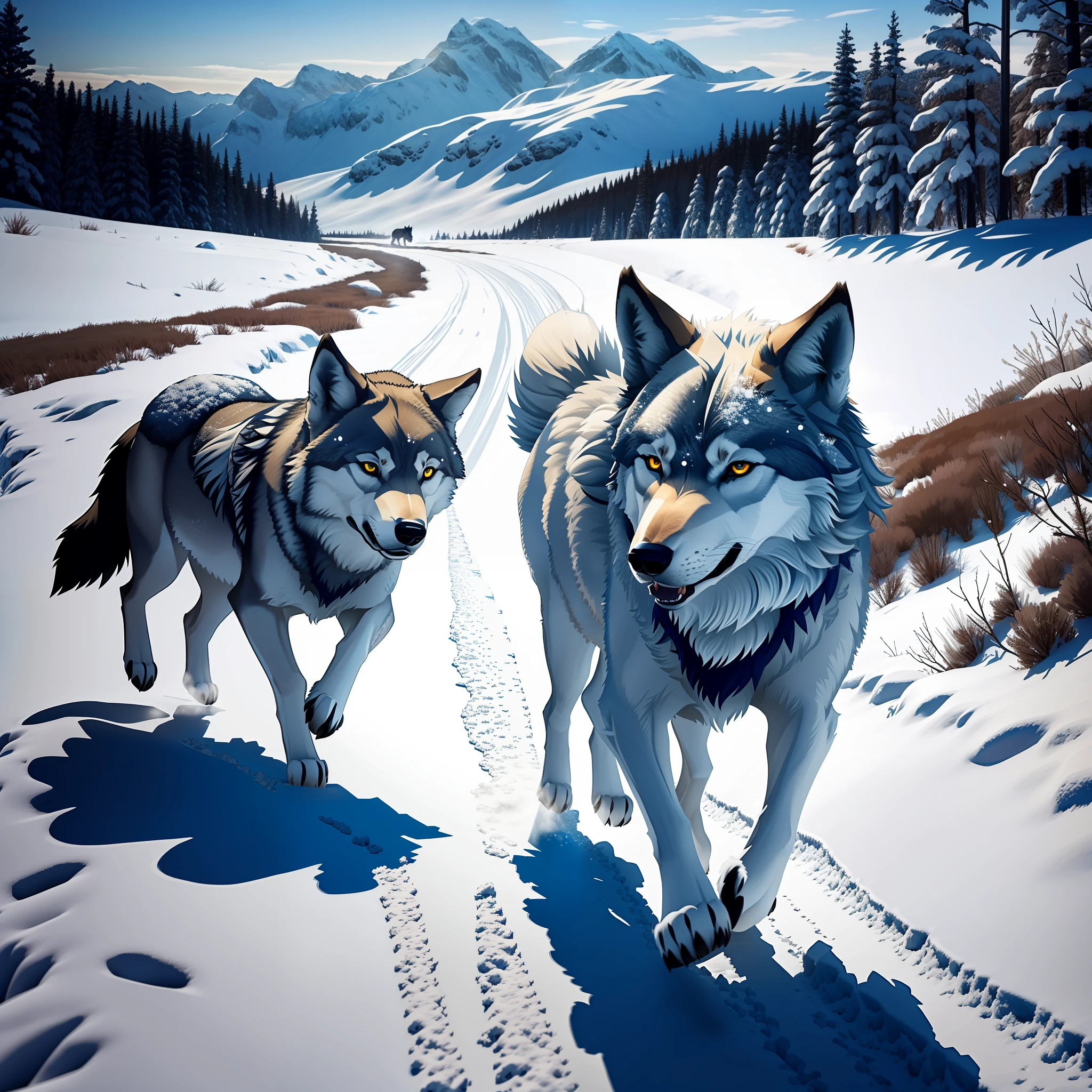 Wolf: Depicts the form and characteristics of wolves, such as sharp teeth, heavy fur, and agile posture. Shadows and details can be used to add realism to the wolf, such as the expression of the wolf's eyes and mouth.
Ice Fields: Use ice blue tones to depict the texture and light of ice fields, and textures and shadows can be added to add realism. Snow-covered ground and distant mountains can be depicted to add depth to the scene.
Cold: Use ice blue tones and cold breaths to express the cold atmosphere. The white breath of the wolf's exhalation can be added to add to the coldness.
Dynamic: Images depicting wolves running or jumping, you can use blurry strokes and lines to depict wolf dynamics. Wolf footprints and blown snowflakes can be used to depict wolf running.
Environment: Depicts the complexity and realism of the scene, such as distant mountains and clouds in the sky. You can use lines and shadows to depict these elements. You can add some characters or elements to increase the vividness and richness of the picture.