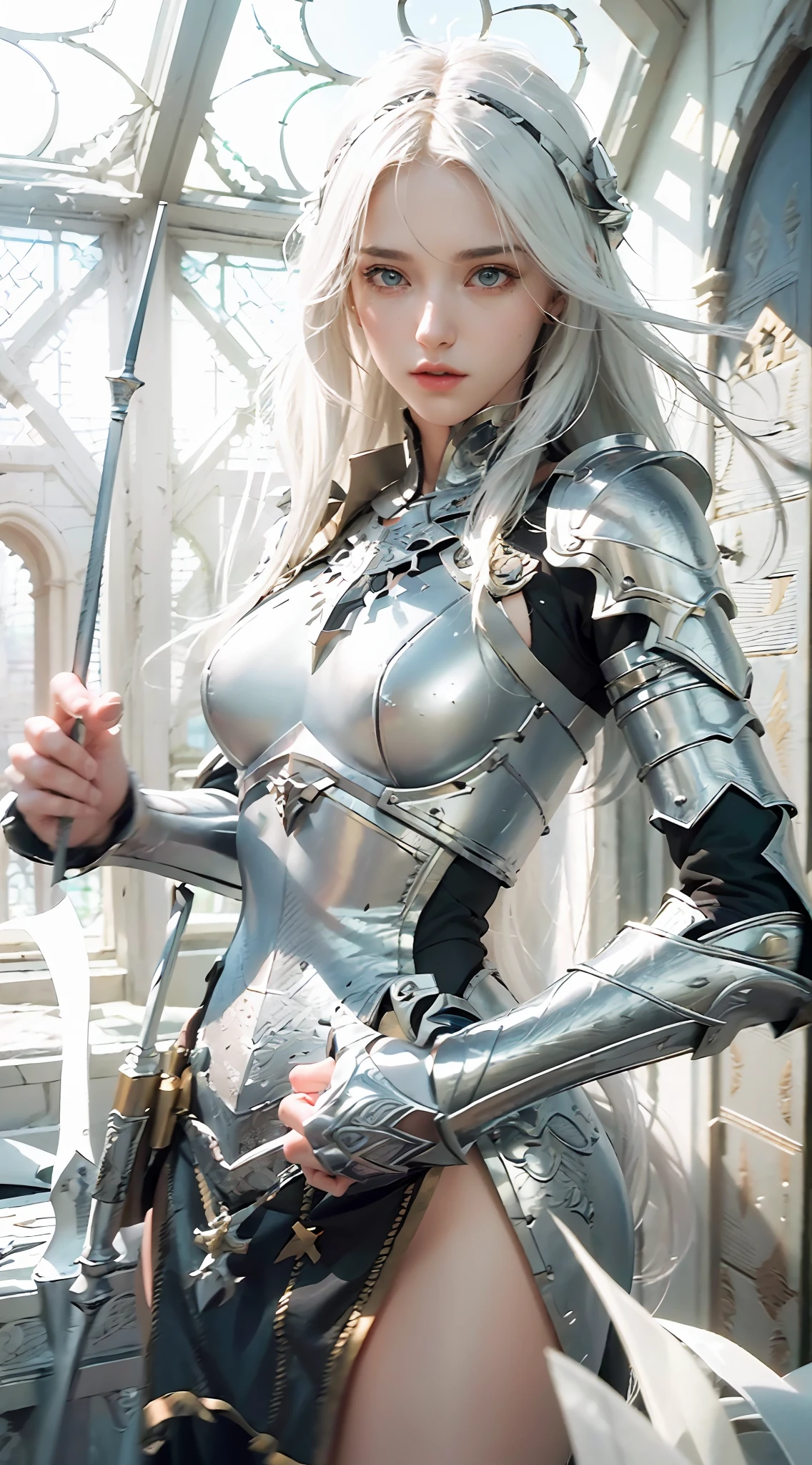 ((Best Quality)), ((Masterpiece)), (Details: 1.4), 3D, A Beautiful Female Knight, (Long White Hair: 1.9), (Red Eyes: 1.7), (Armor: 1.5), Sabre, Temple Background, Gothic Chapel, HDR (High Dynamic Range), Ray Tracing, NVIDIA RTX, Super-Resolution, Unreal 5, Subsurface Scattering, PBR Texture, Post Processing, Anisotropic Filtering, Depth of Field, Maximum sharpness and sharpness, multi-layer textures, albedo and highlight maps, surface shading, accurate simulation of light-material interactions, perfect proportions, Octane Render, two-color light, large aperture, low ISO, white balance, rule of thirds, 8K RAW,