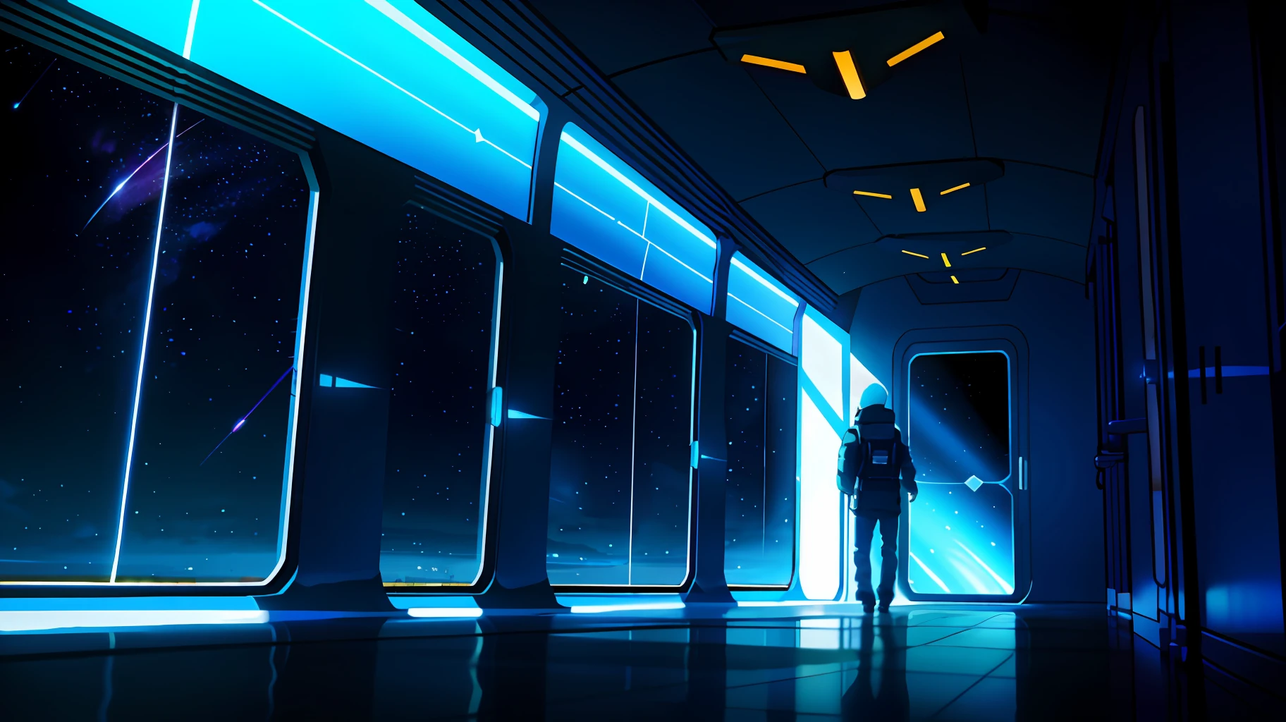 atmospheric illustration of a space traveler in a spaceship looking  through the window, seeing the universe filled with stars, spaceship hallway with lighting