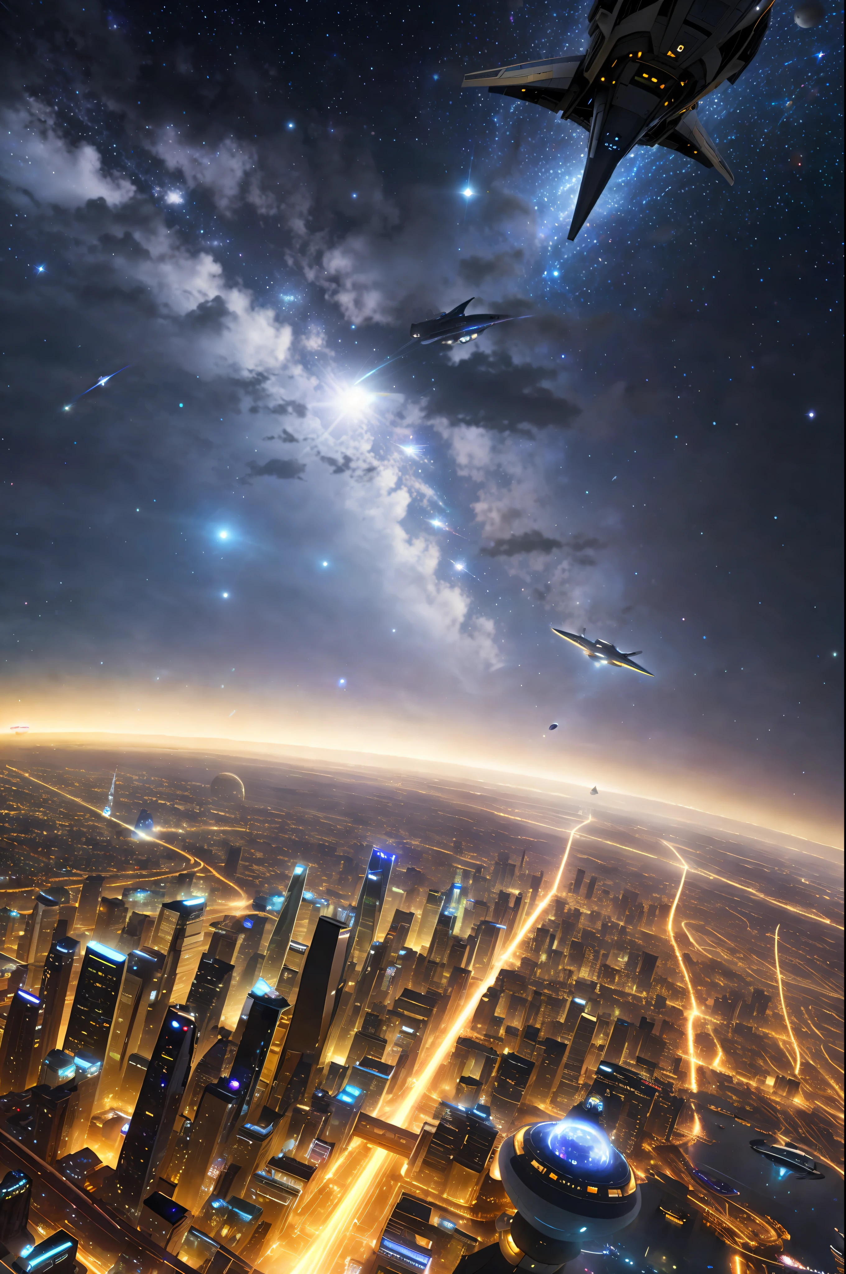 starry night sky with a city and a spaceship flying over it, black hole rising above city, epic beautiful space scifi, ethereal starlit city at sunset, russian orbit city cityscape, beautiful space star planet, space photo, in fantasy sci - fi city, soaring above a dense city, space photography, interstellar space setting, galaxy space sci - fi, cinematic space scenery